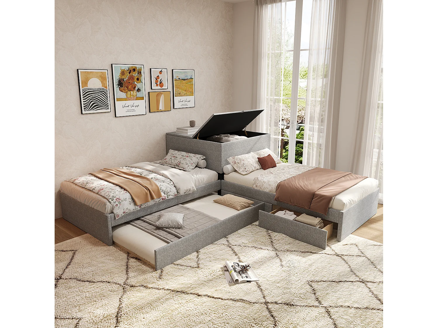 Lit d'angle avec lit tiroir, rangement intégré, lit fonctionnel, en lin gris (90x200 cm)