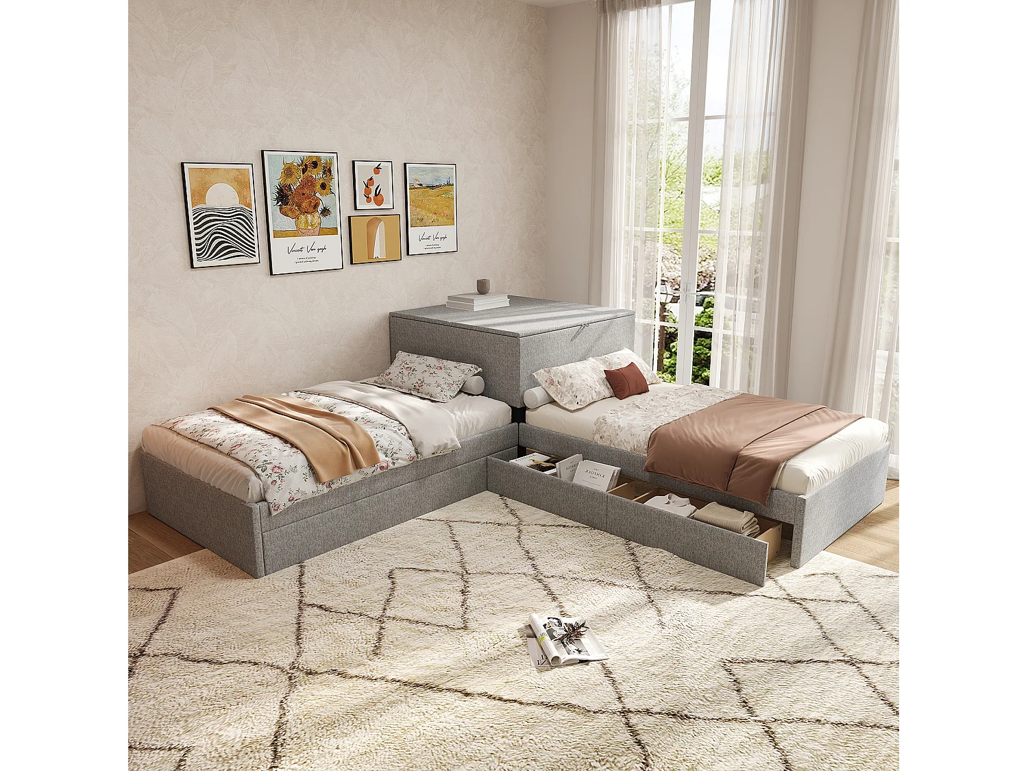 Lit d'angle avec lit tiroir, rangement intégré, lit fonctionnel, en lin gris (90x200 cm)