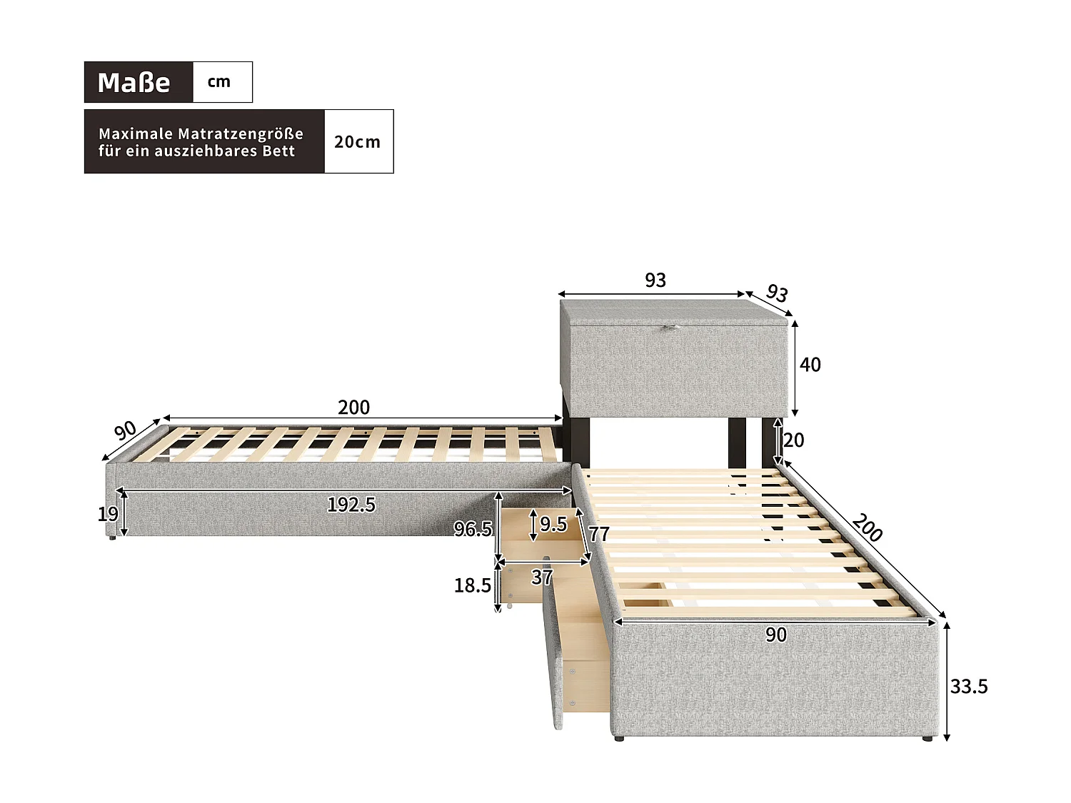 Lit d'angle avec lit tiroir, rangement intégré, lit fonctionnel, en lin gris (90x200 cm)