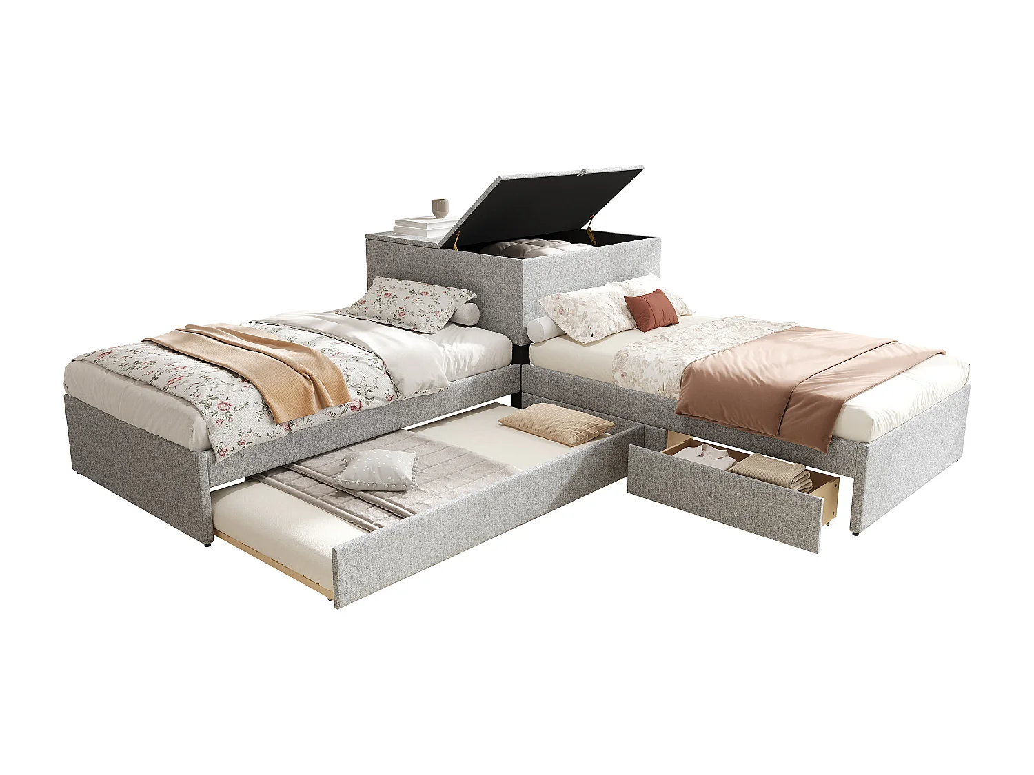 Lit d'angle avec lit tiroir, rangement intégré, lit fonctionnel, en lin gris (90x200 cm)