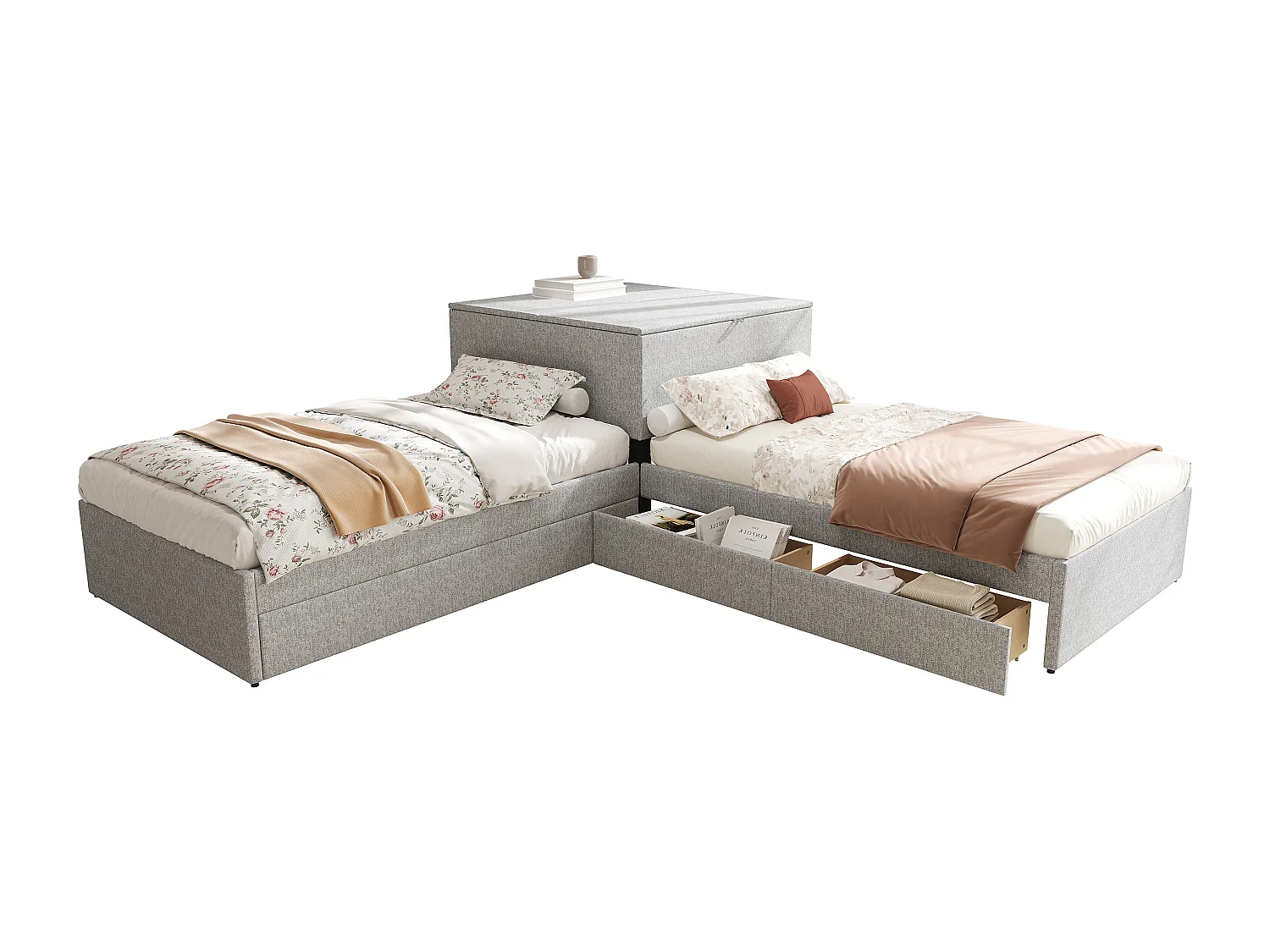 Lit d'angle avec lit tiroir, rangement intégré, lit fonctionnel, en lin gris (90x200 cm)