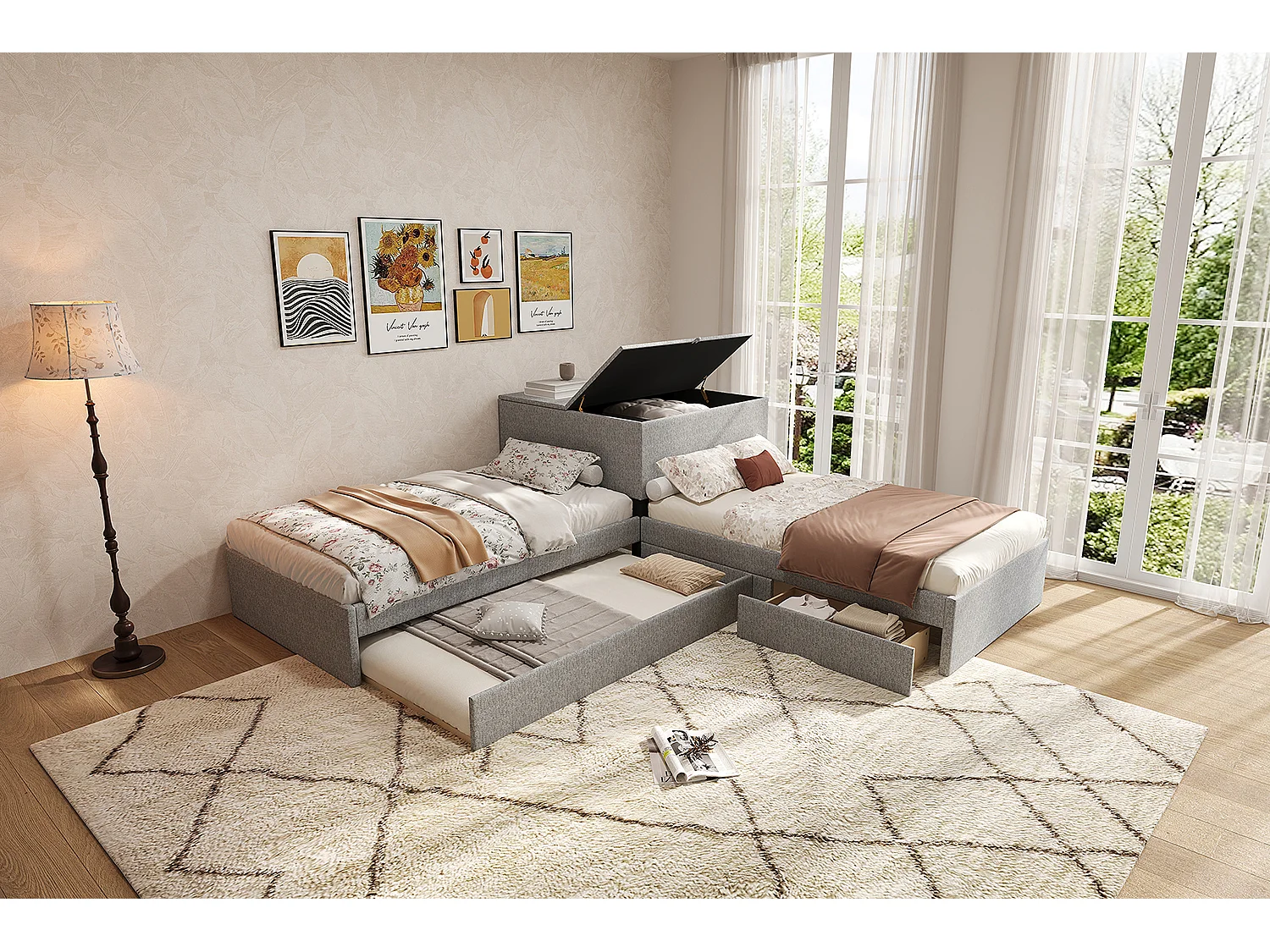 Lit d'angle avec lit tiroir, rangement intégré, lit fonctionnel, en lin gris (90x200 cm)