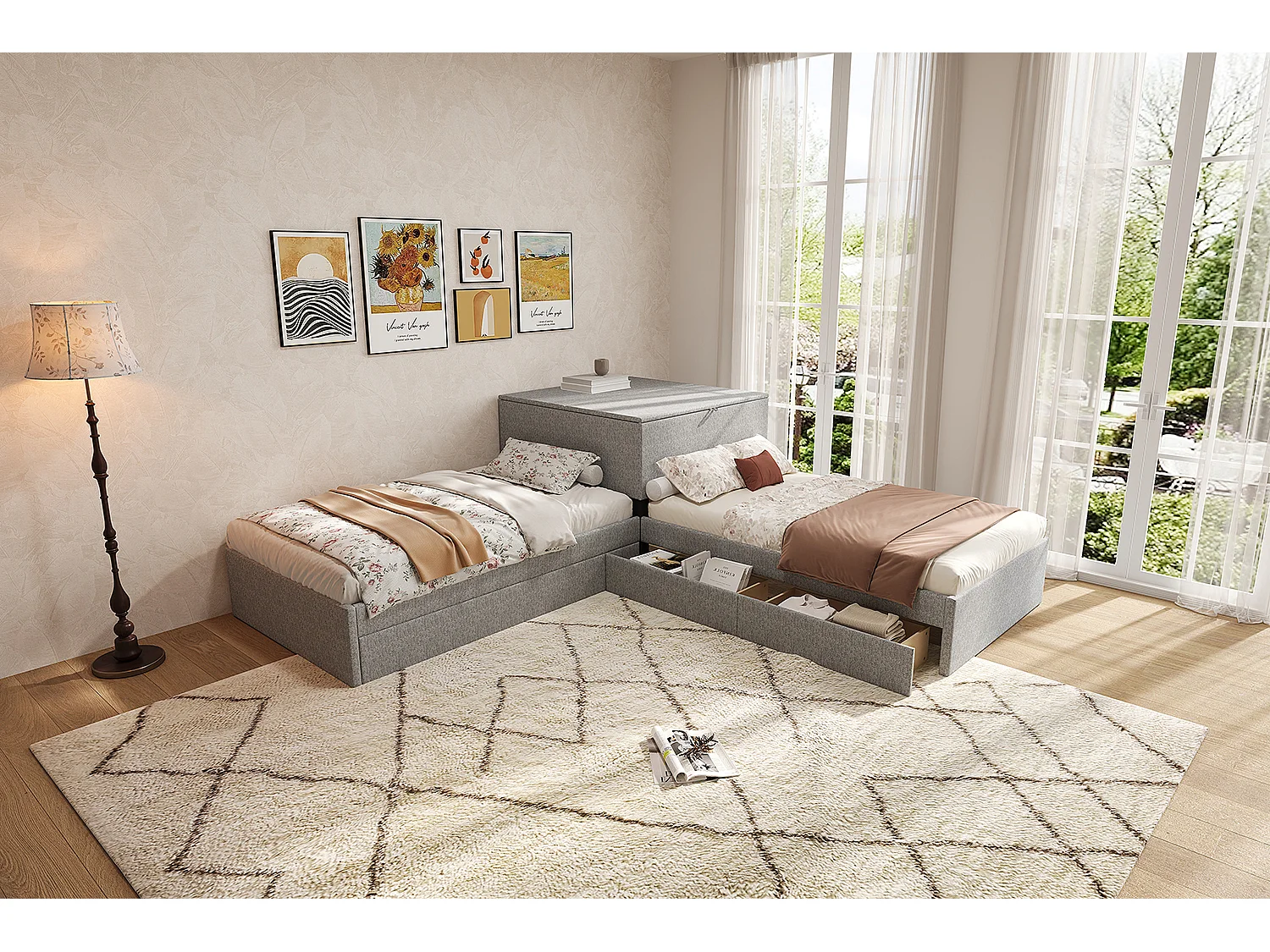 Lit d'angle avec lit tiroir, rangement intégré, lit fonctionnel, en lin gris (90x200 cm)