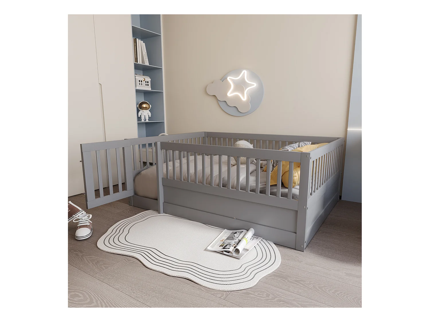 Lit 140x200 cm avec cadre en bois, grille de protection et porte, blanc (205x145x60 cm)