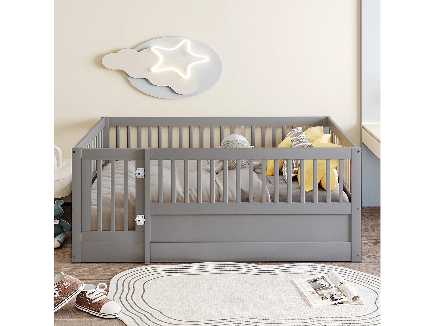 Lit 140x200 cm avec cadre en bois, grille de protection et porte, blanc (205x145x60 cm)