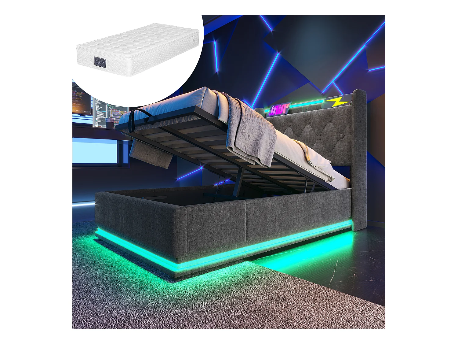 Lit simple avec fonction LED 360° et port USB Type-C, en lin gris, avec espace de rangement hydraulique et matelas inclus (220x104x104 cm)