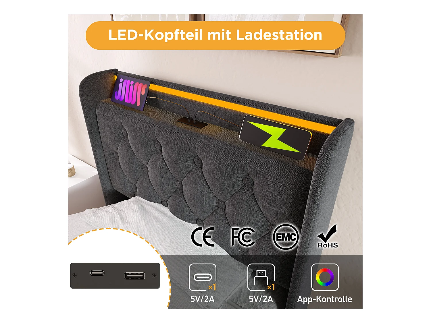 Lit simple avec fonction LED 360° et port USB Type-C, en lin gris, avec espace de rangement hydraulique et matelas inclus (220x104x104 cm)