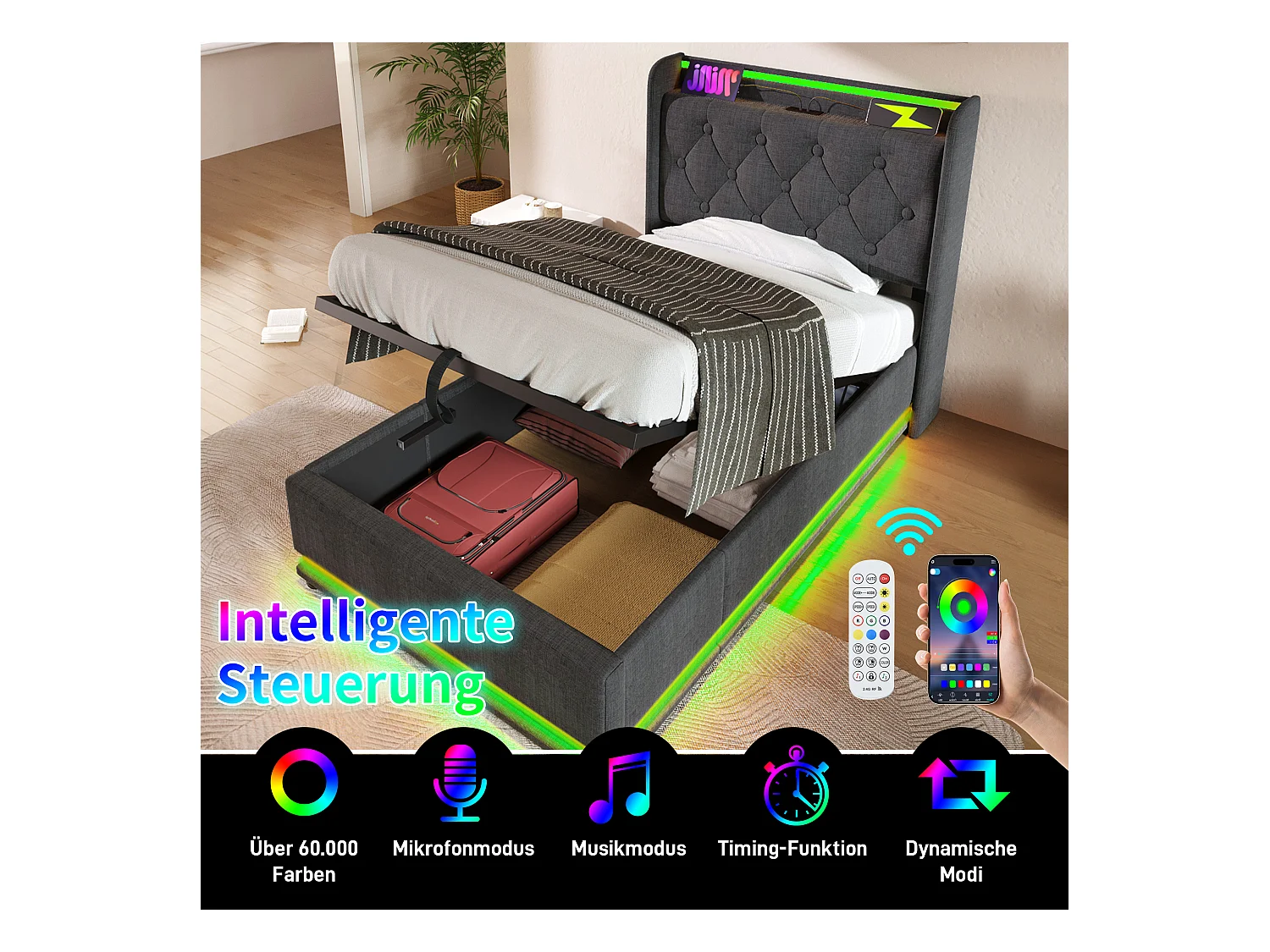 Lit simple avec fonction LED 360° et port USB Type-C, en lin gris, avec espace de rangement hydraulique et matelas inclus (220x104x104 cm)