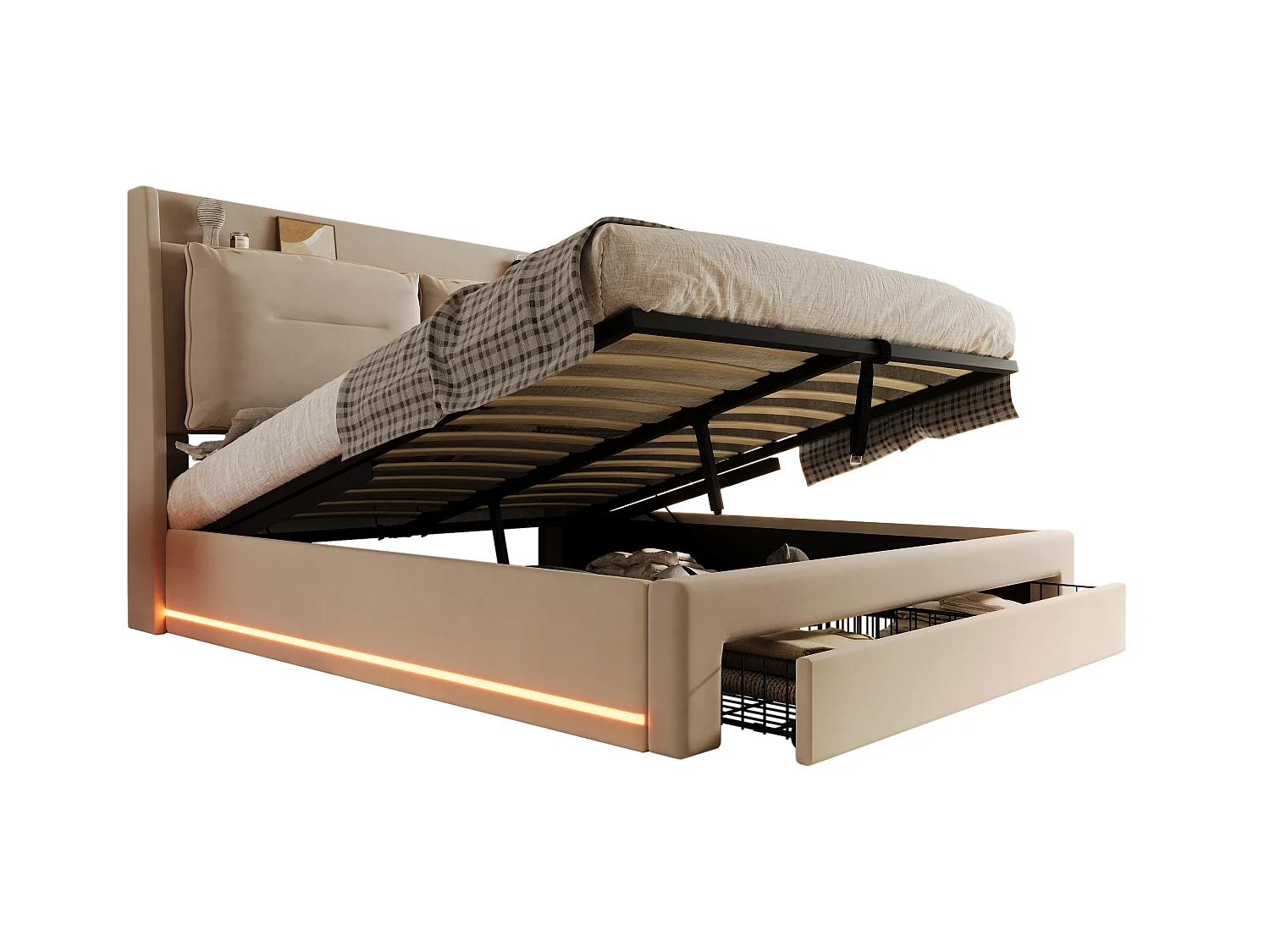 Lit capitonné LED, 140x190, hydraulique avec tiroirs 2-en-1, velours beige, (189x31x19 cm)