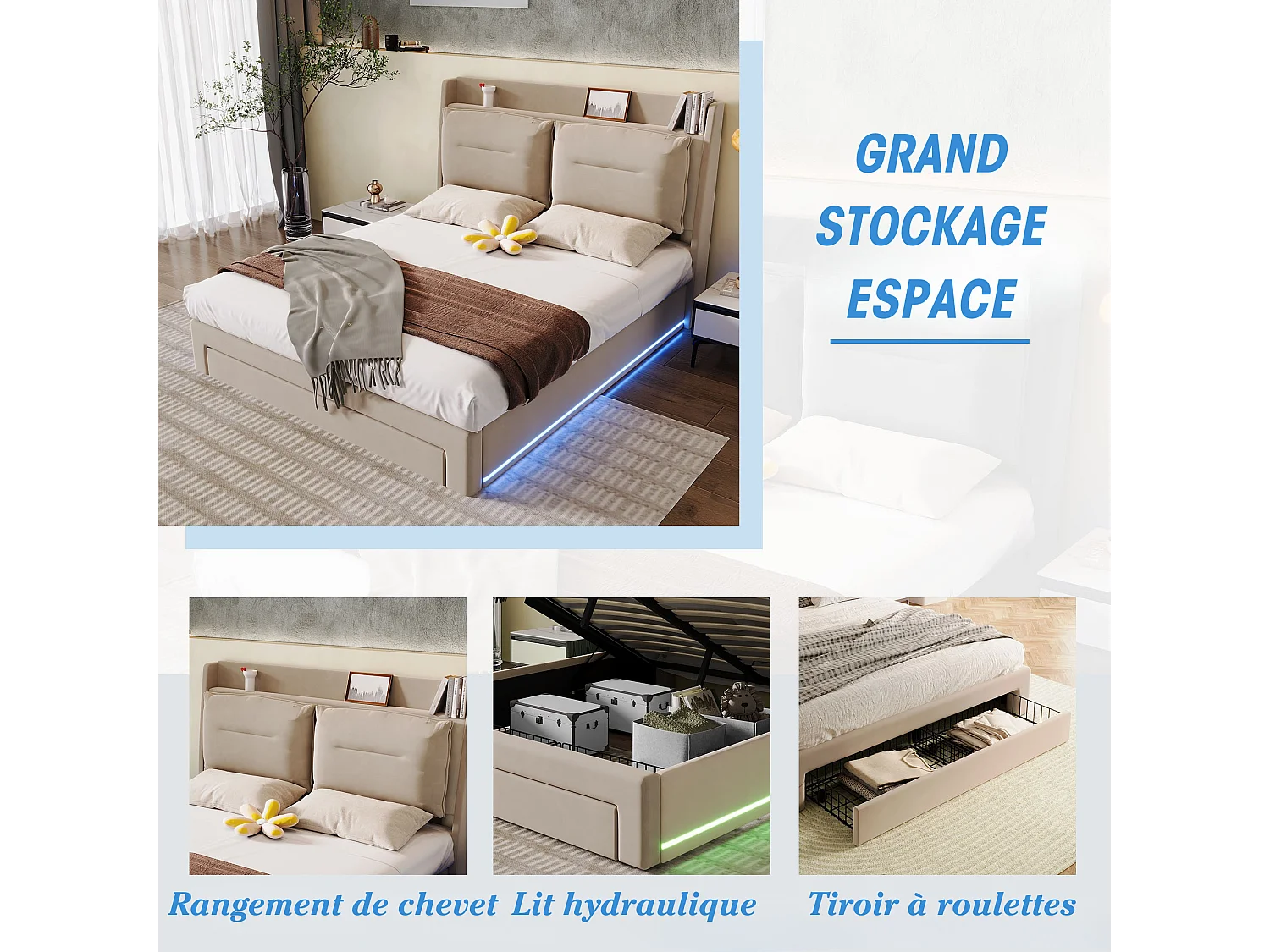 Lit capitonné LED, 140x190, hydraulique avec tiroirs 2-en-1, velours beige, (189x31x19 cm)