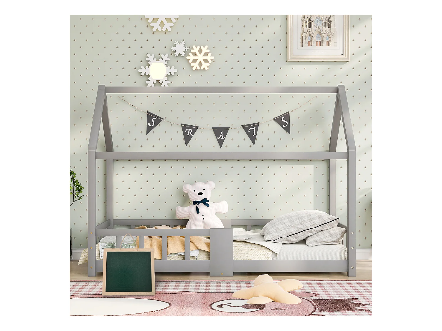 Cama infantil con cabecero, 90x200 cm, madera maciza, con protección anticaídas, gris (sin colchón) (97x207x140,5 cm)