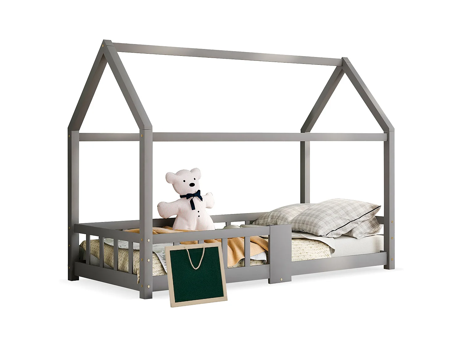 Cama infantil con cabecero, 90x200 cm, madera maciza, con protección anticaídas, gris (sin colchón) (97x207x140,5 cm)