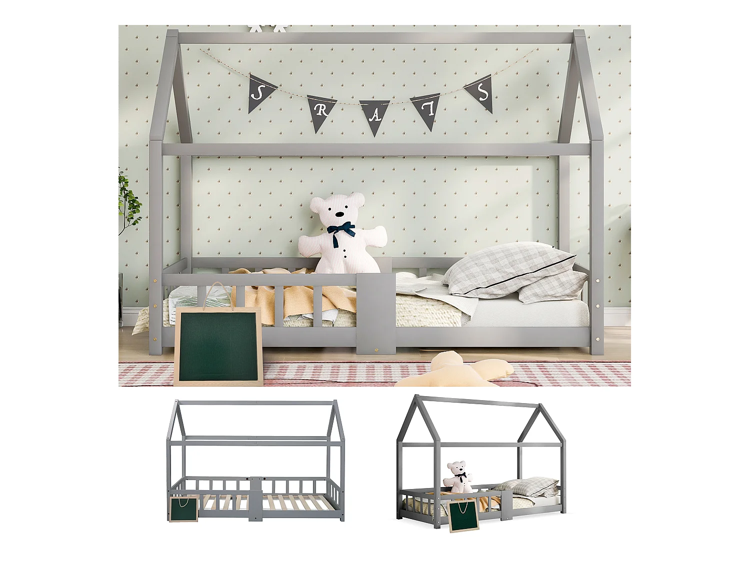 Cama infantil con cabecero, 90x200 cm, madera maciza, con protección anticaídas, gris (sin colchón) (97x207x140,5 cm)