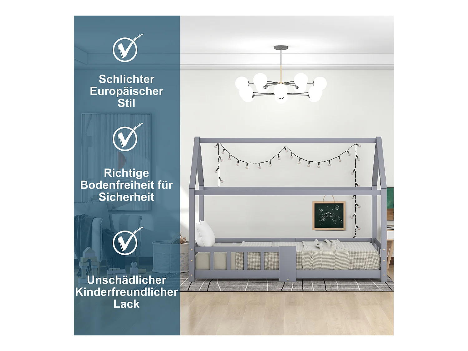 Cama infantil con cabecero, 90x200 cm, madera maciza, con protección anticaídas, gris (sin colchón) (97x207x140,5 cm)