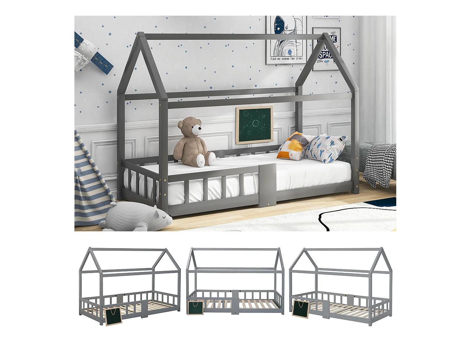 Cama infantil con cabecero, 90x200 cm, madera maciza, con protección anticaídas, gris (sin colchón) (97x207x140,5 cm)