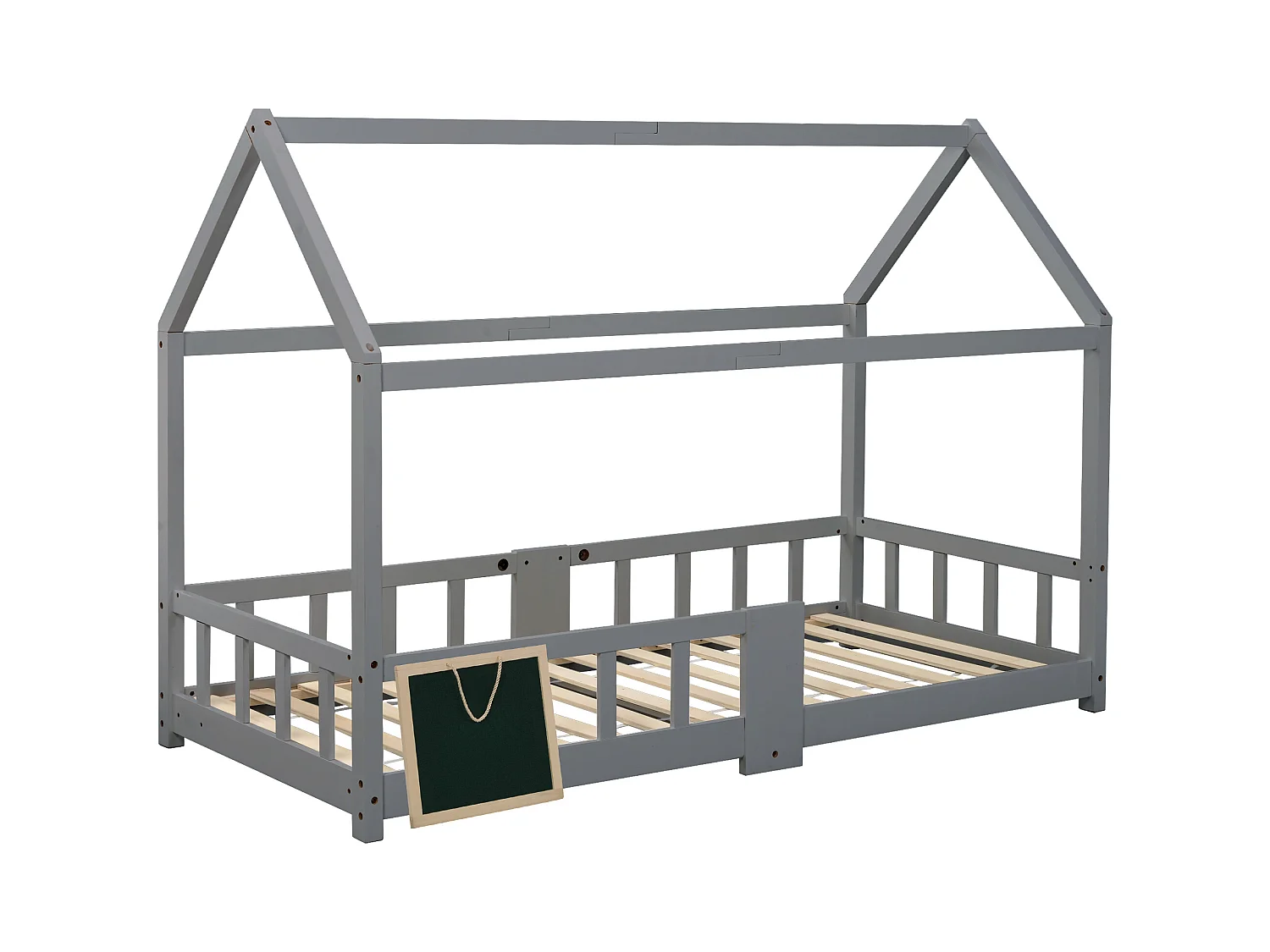 Cama infantil con cabecero, 90x200 cm, madera maciza, con protección anticaídas, gris (sin colchón) (97x207x140,5 cm)