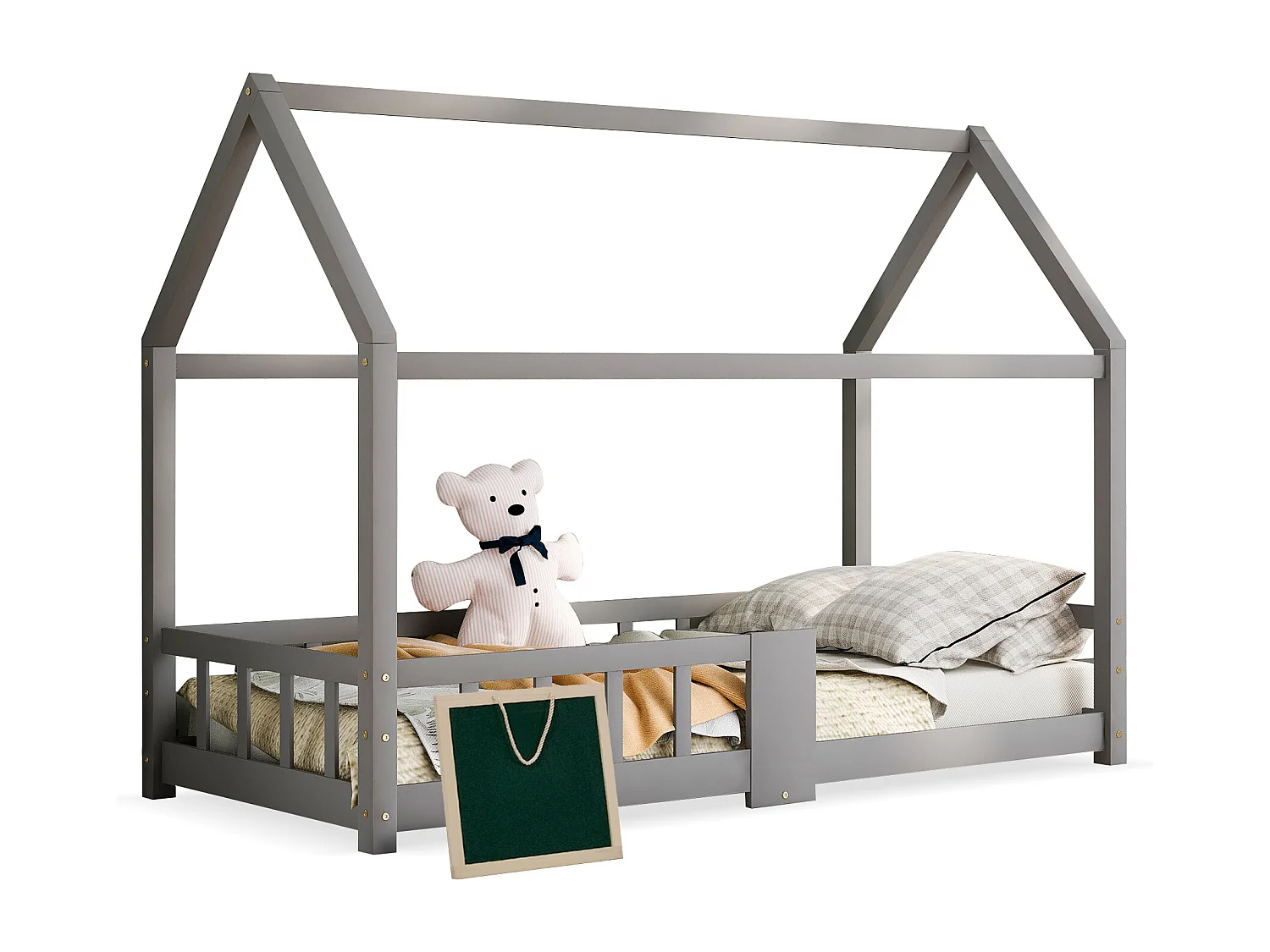 Kinderbed met hoofdeinde, 90x200 cm, massief hout, met valbeveiliging, grijs (zonder matras) (97x207x140,5 cm)