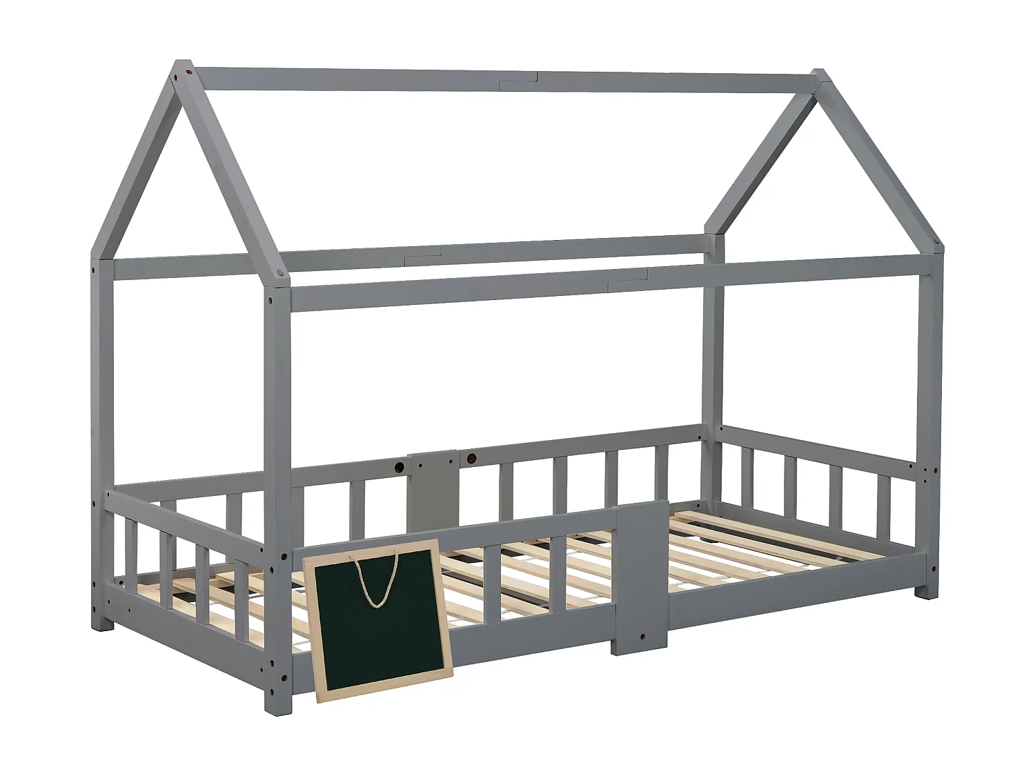 Kinderbed met hoofdeinde, 90x200 cm, massief hout, met valbeveiliging, grijs (zonder matras) (97x207x140,5 cm)