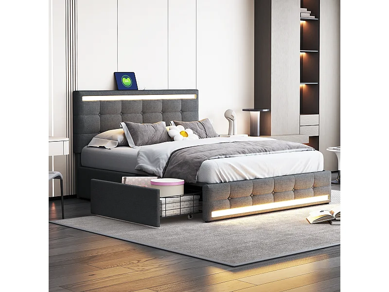 Lit avec LED, 4 tiroirs et 2 ports USB, cadre de lit en tissu avec tête et pied de lit LED, avec espace de rangement, tissu lin, gris (208x151x113 cm)