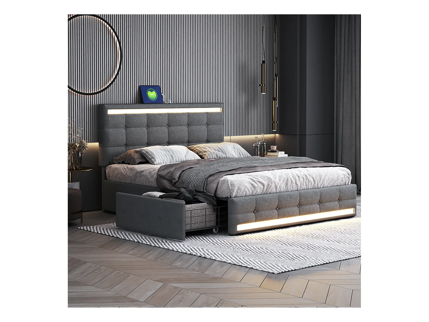 Lit avec LED, 4 tiroirs et 2 ports USB, cadre de lit en tissu avec tête et pied de lit LED, avec espace de rangement, tissu lin, gris (208x151x113 cm)