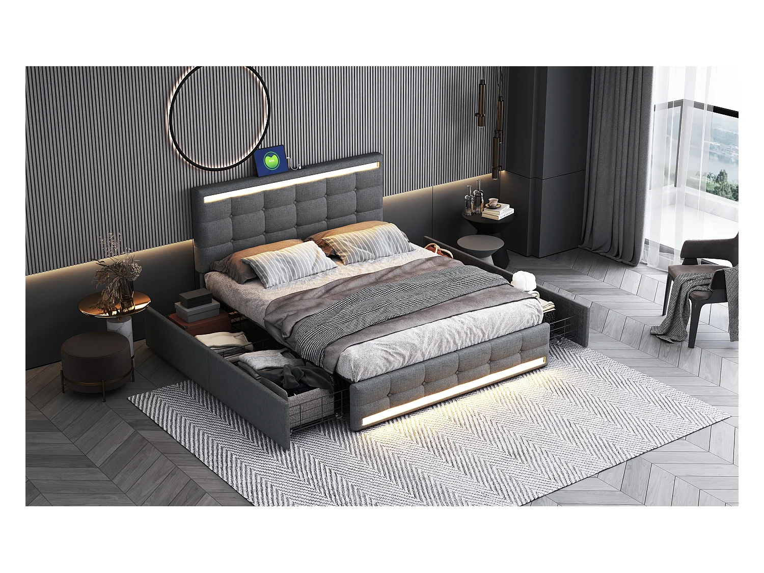 Lit avec LED, 4 tiroirs et 2 ports USB, cadre de lit en tissu avec tête et pied de lit LED, avec espace de rangement, tissu lin, gris (208x151x113 cm)