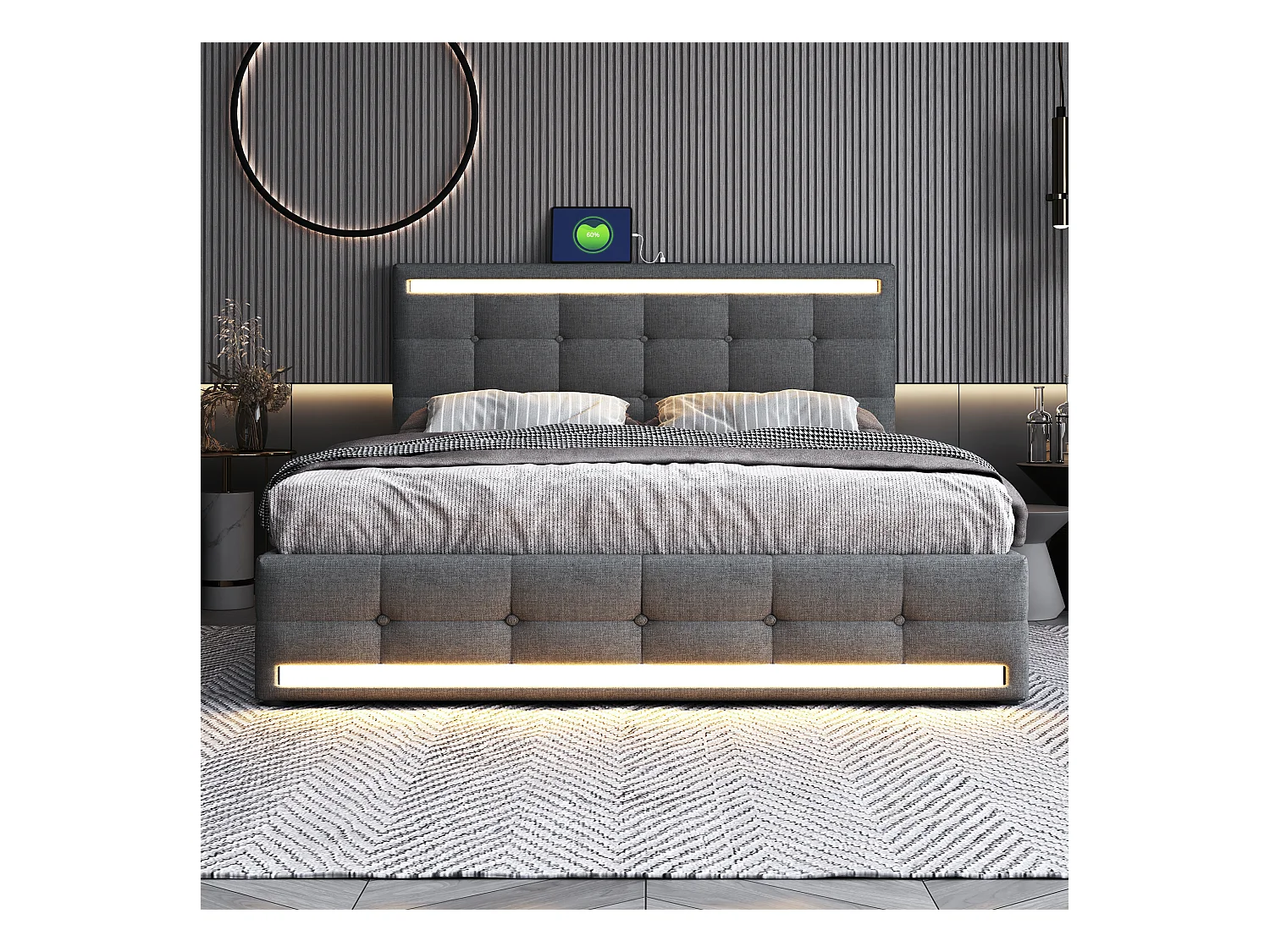 Lit avec LED, 4 tiroirs et 2 ports USB, cadre de lit en tissu avec tête et pied de lit LED, avec espace de rangement, tissu lin, gris (208x151x113 cm)