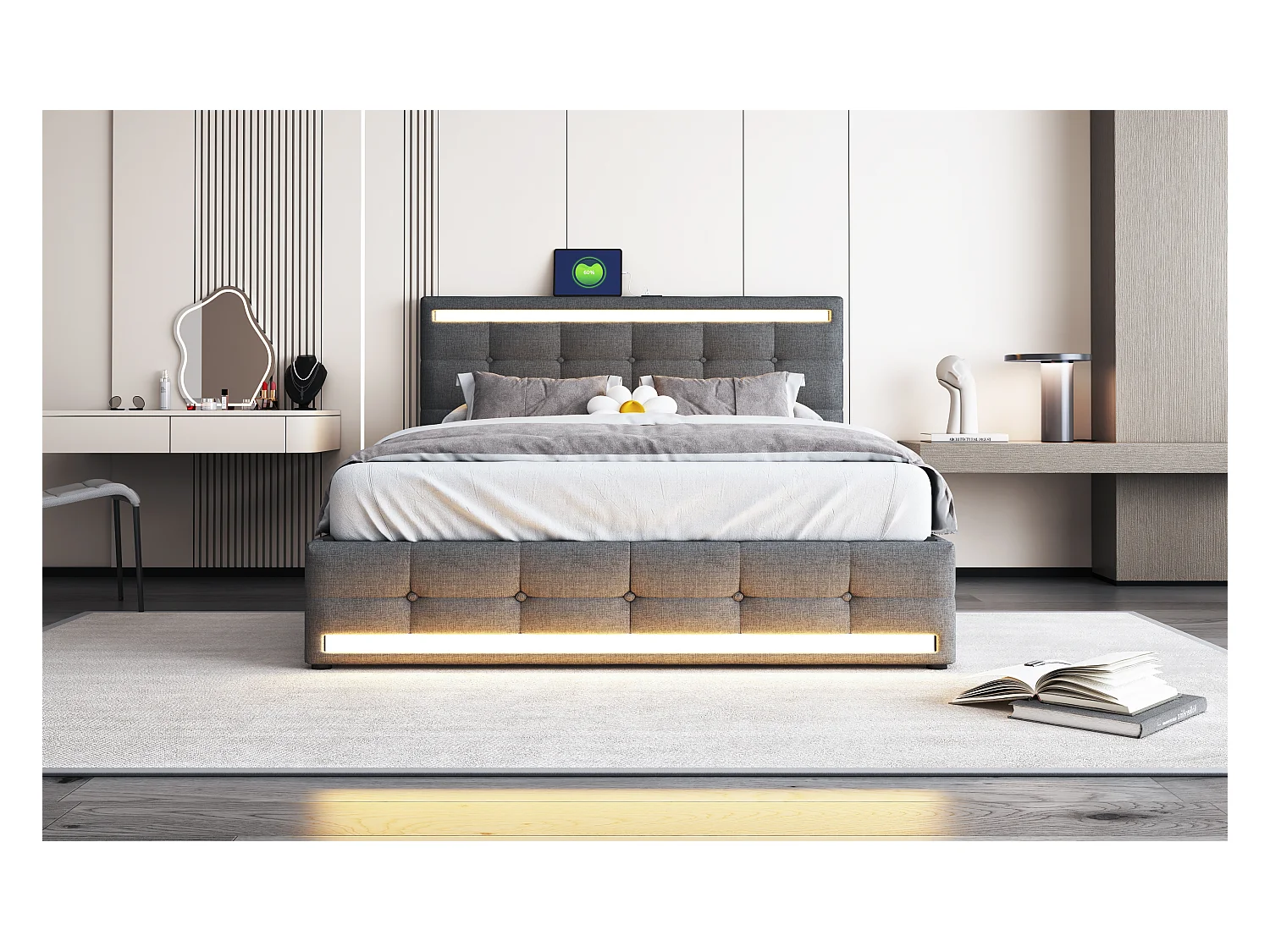 Lit avec LED, 4 tiroirs et 2 ports USB, cadre de lit en tissu avec tête et pied de lit LED, avec espace de rangement, tissu lin, gris (208x151x113 cm)