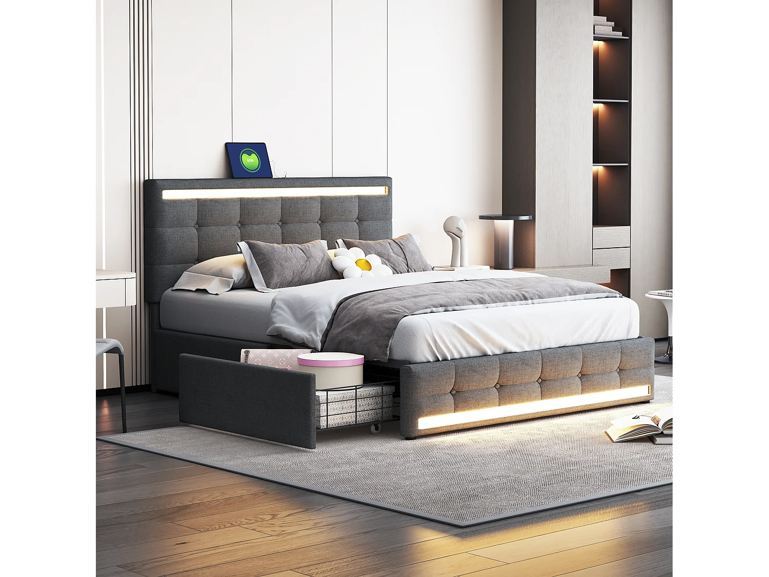 Lit avec LED, 4 tiroirs et 2 ports USB, cadre de lit en tissu avec tête et pied de lit LED, avec espace de rangement, tissu lin, gris (208x151x113 cm)