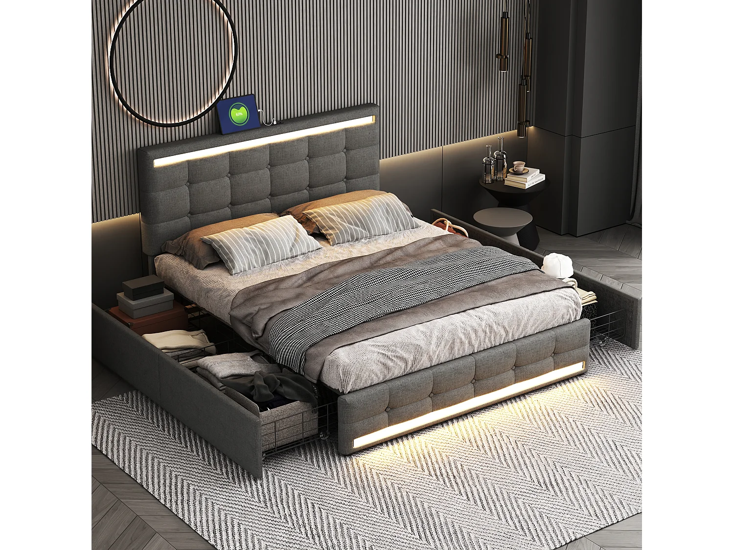 Lit avec LED, 4 tiroirs et 2 ports USB, cadre de lit en tissu avec tête et pied de lit LED, avec espace de rangement, tissu lin, gris (208x151x113 cm)