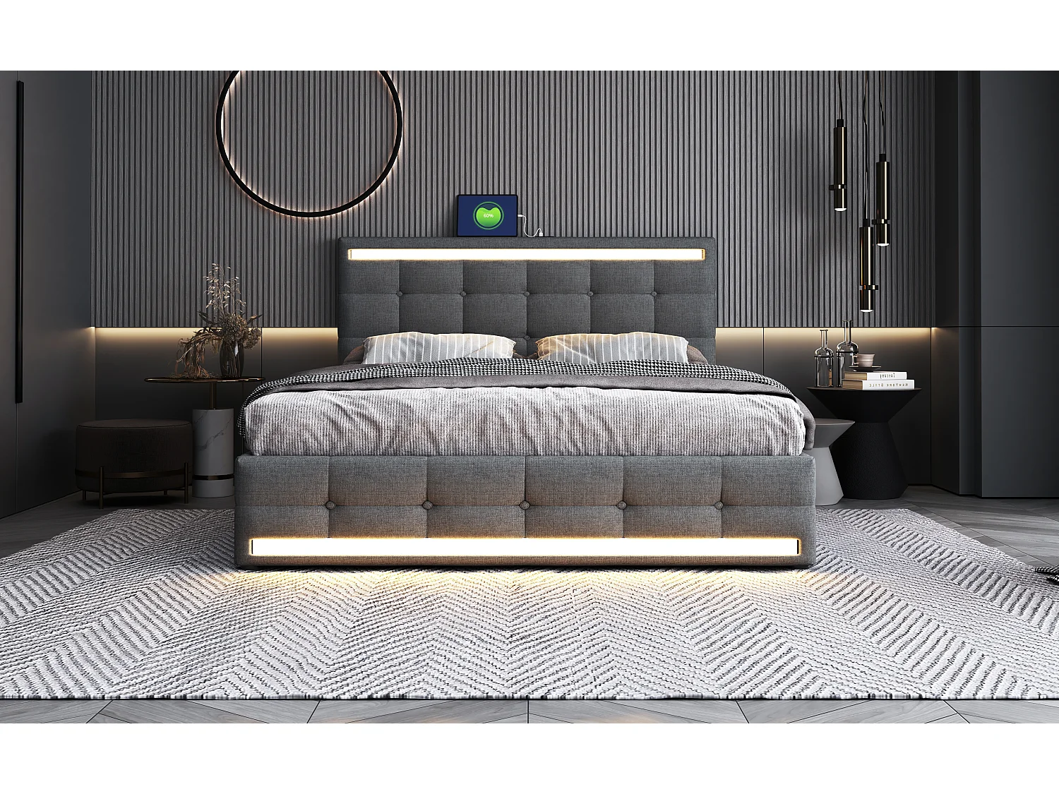 Lit avec LED, 4 tiroirs et 2 ports USB, cadre de lit en tissu avec tête et pied de lit LED, avec espace de rangement, tissu lin, gris (208x151x113 cm)