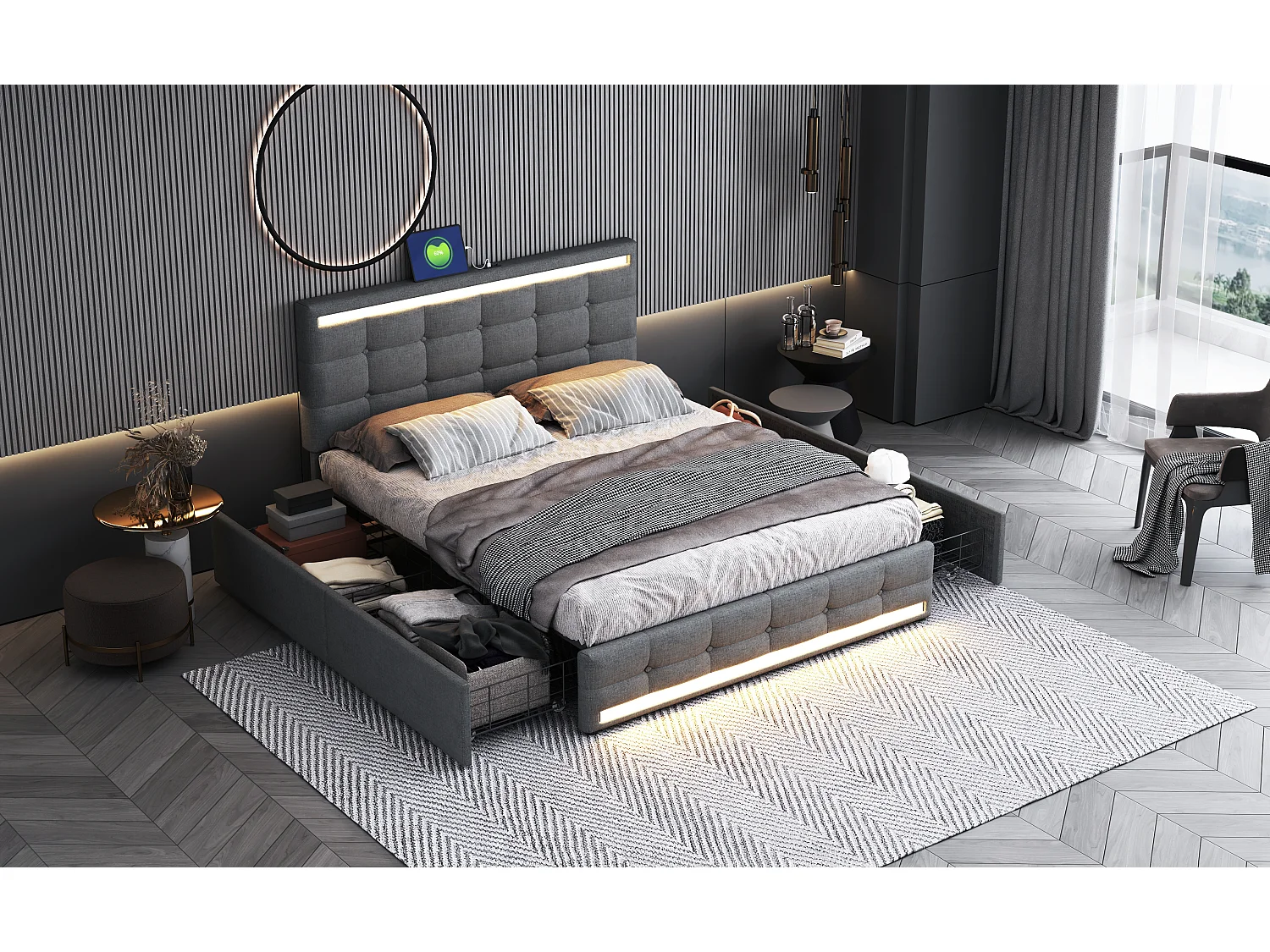 Lit avec LED, 4 tiroirs et 2 ports USB, cadre de lit en tissu avec tête et pied de lit LED, avec espace de rangement, tissu lin, gris (208x151x113 cm)