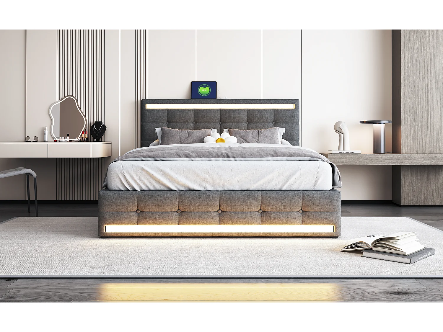 Lit avec LED, 4 tiroirs et 2 ports USB, cadre de lit en tissu avec tête et pied de lit LED, avec espace de rangement, tissu lin, gris (208x151x113 cm)
