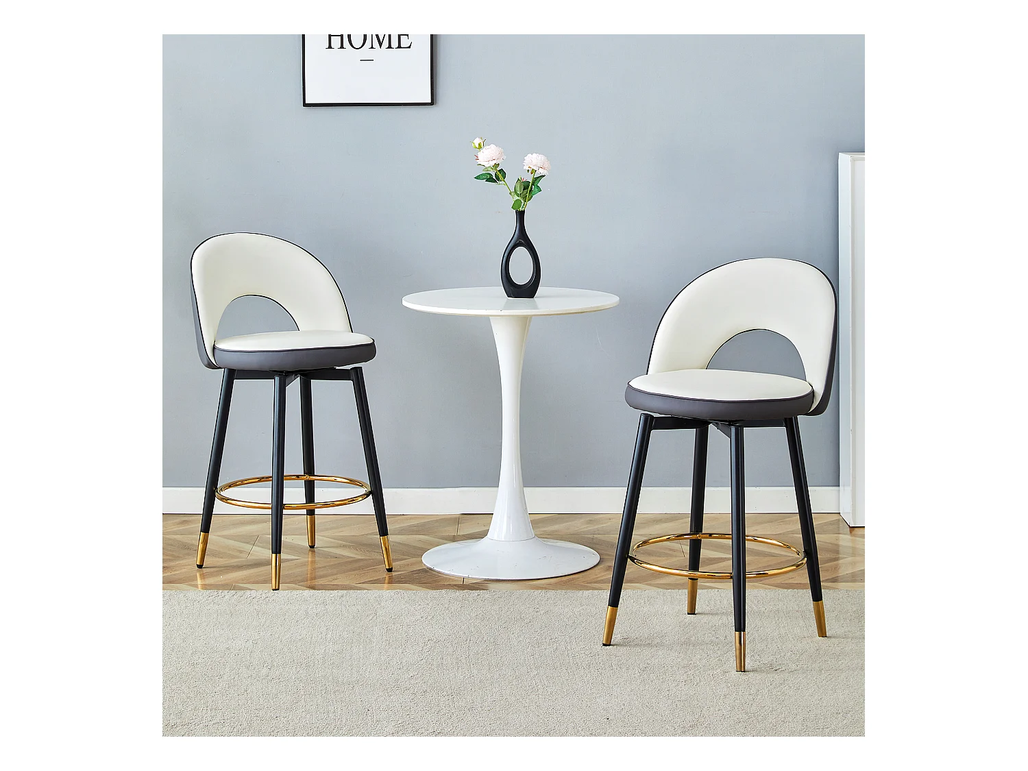 Sgabello da bar girevole a 360°, colore bianco e grigio scuro, design moderno, gambe in metallo dorato, comodo PU (48,2x43x91,5 cm)