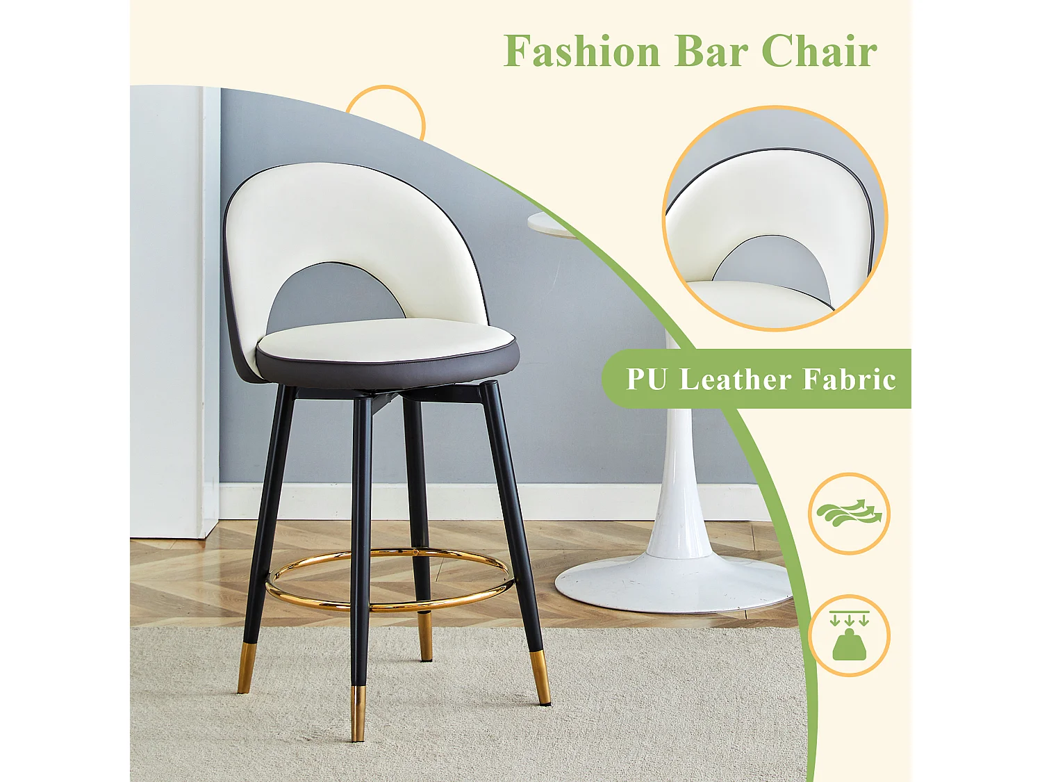 Sgabello da bar girevole a 360°, colore bianco e grigio scuro, design moderno, gambe in metallo dorato, comodo PU (48,2x43x91,5 cm)