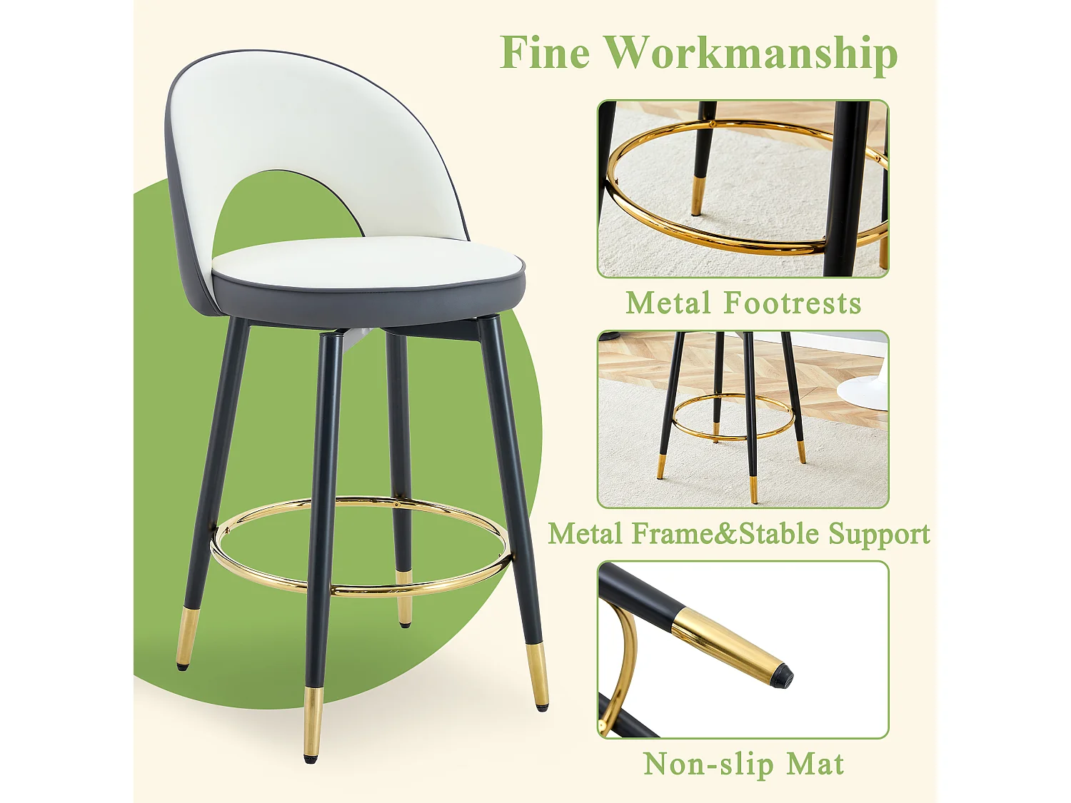 Sgabello da bar girevole a 360°, colore bianco e grigio scuro, design moderno, gambe in metallo dorato, comodo PU (48,2x43x91,5 cm)