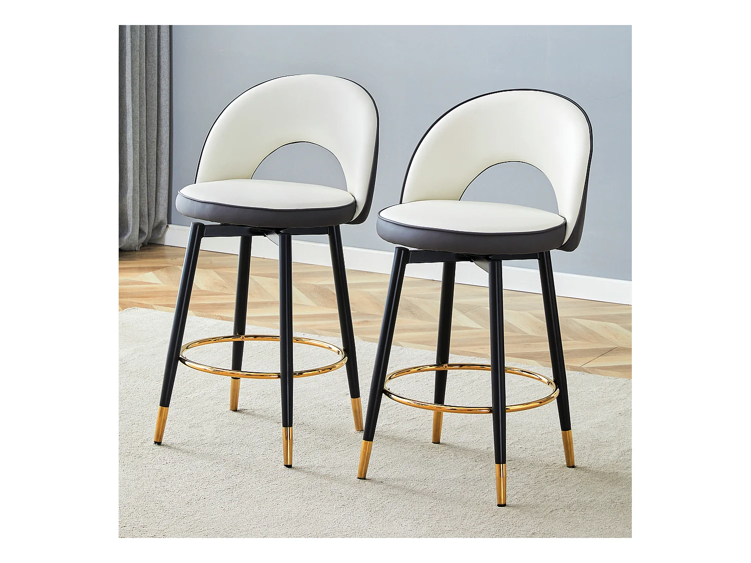 Tabouret de bar pivotant 360°, couleur blanche et gris foncé, design moderne, pieds métalliques dorés, PU confortable (48.2x43x91.5 cm)