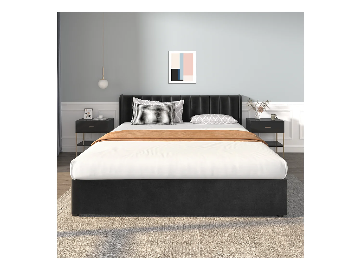 Gestoffeerd bed 180 x 200 cm met hoofdbord, 2 lades en lattenbodem, zwart fluweel (207,5 x 186 x 92 cm)