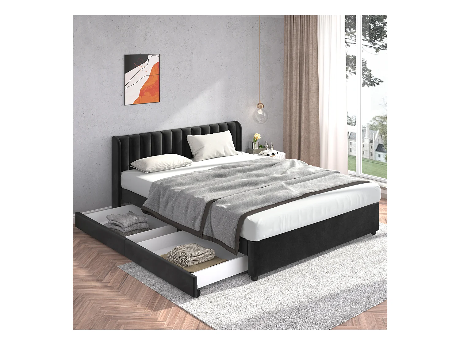 Gestoffeerd bed 180 x 200 cm met hoofdbord, 2 lades en lattenbodem, zwart fluweel (207,5 x 186 x 92 cm)