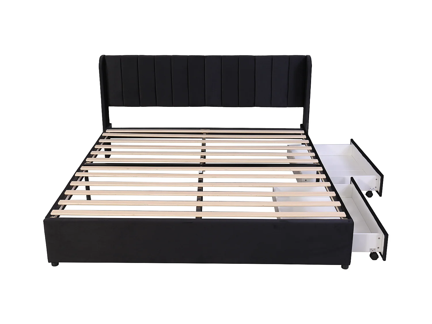 Gestoffeerd bed 180 x 200 cm met hoofdbord, 2 lades en lattenbodem, zwart fluweel (207,5 x 186 x 92 cm)