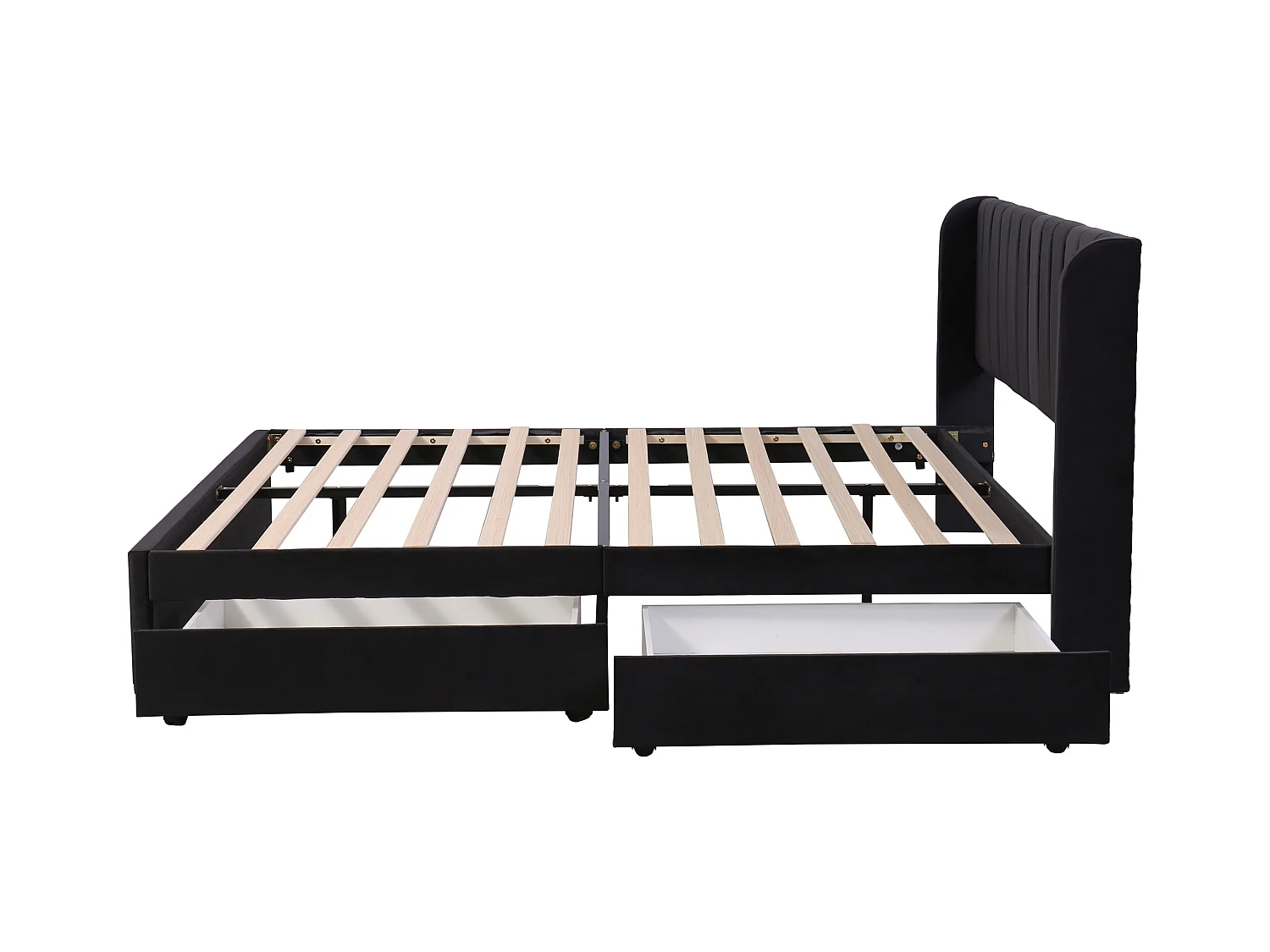 Gestoffeerd bed 180 x 200 cm met hoofdbord, 2 lades en lattenbodem, zwart fluweel (207,5 x 186 x 92 cm)