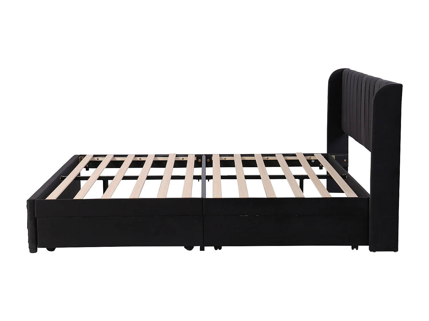 Lit capitonné 180 x 200 cm avec tête de lit, 2 tiroirs et sommier à lattes, velours noir (207.5x186x92 cm)