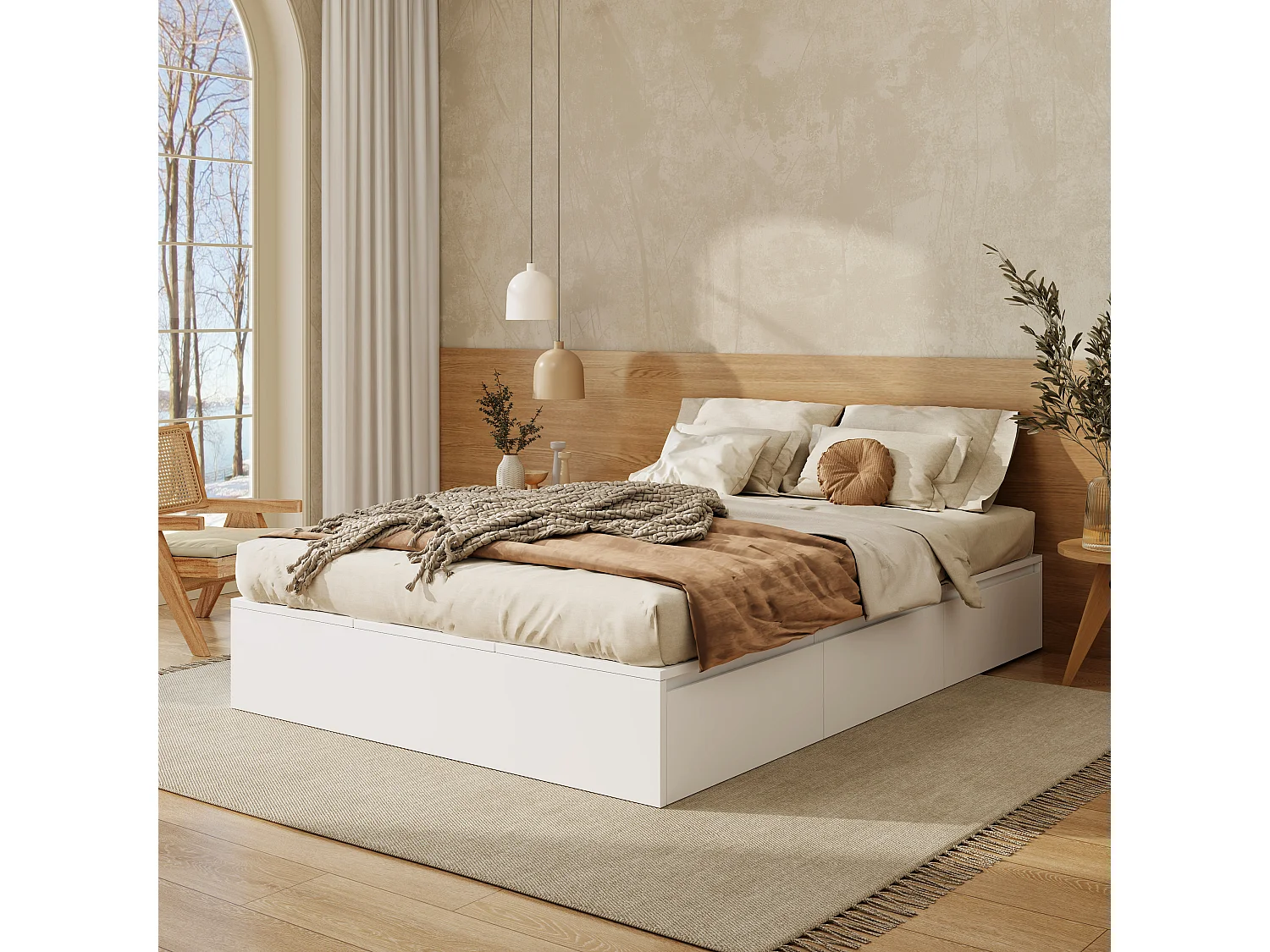 Lit avec rangement, 140 x 200 cm, Lit Palettes, en bois massif, avec tiroirs et boîte de rangement sous le lit, blanc (200x140x30 cm)