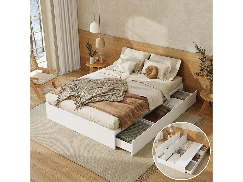 Bed met opbergruimte, 140 x 200 cm, Palletbed, massief hout, met lades en opbergvak onder het bed, wit (200x140x30 cm)