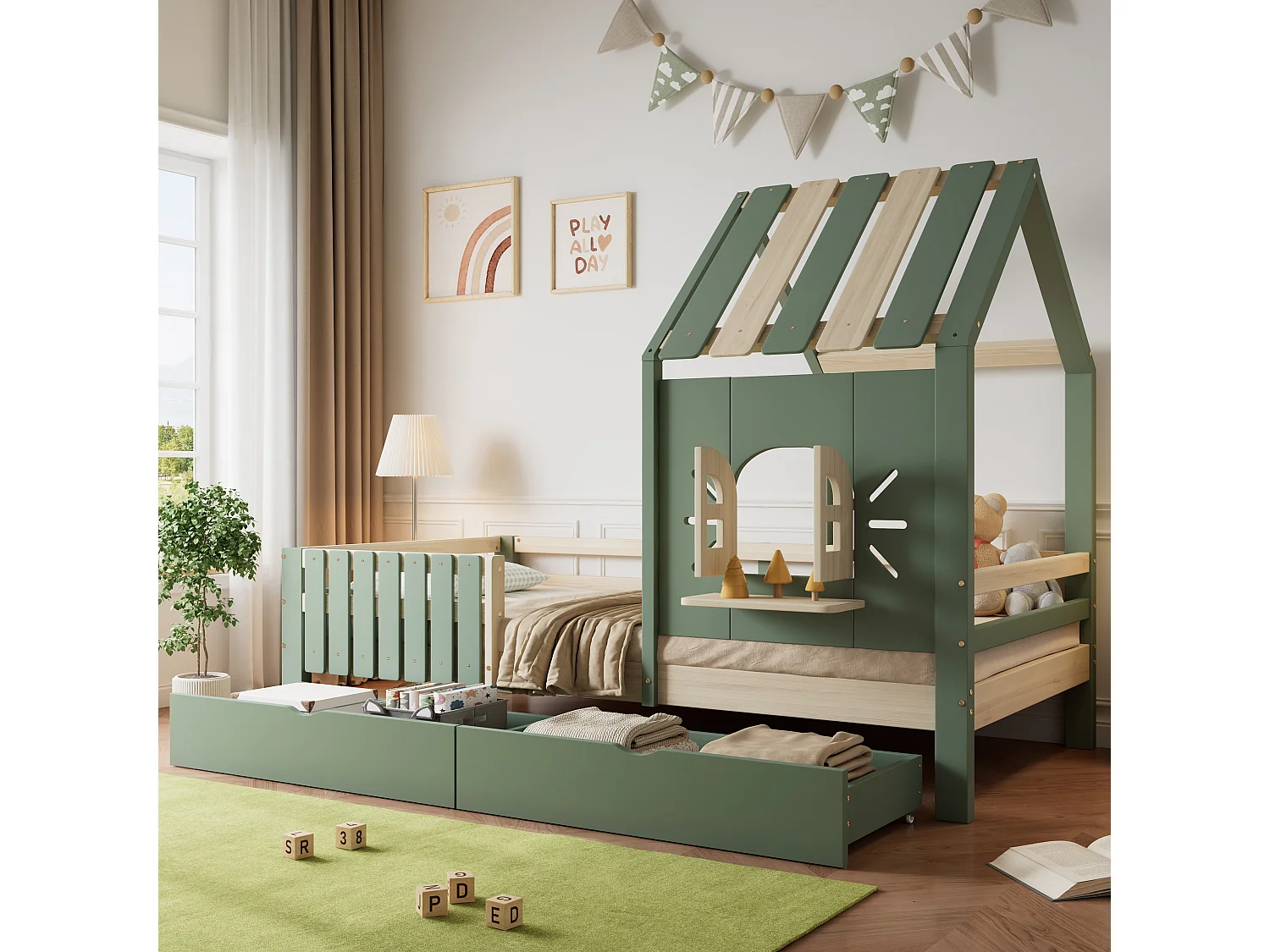 Cama infantil, cama casita con techo y ventanas, con cajones, madera + MDF, verde y natural, (204x95x152 cm)