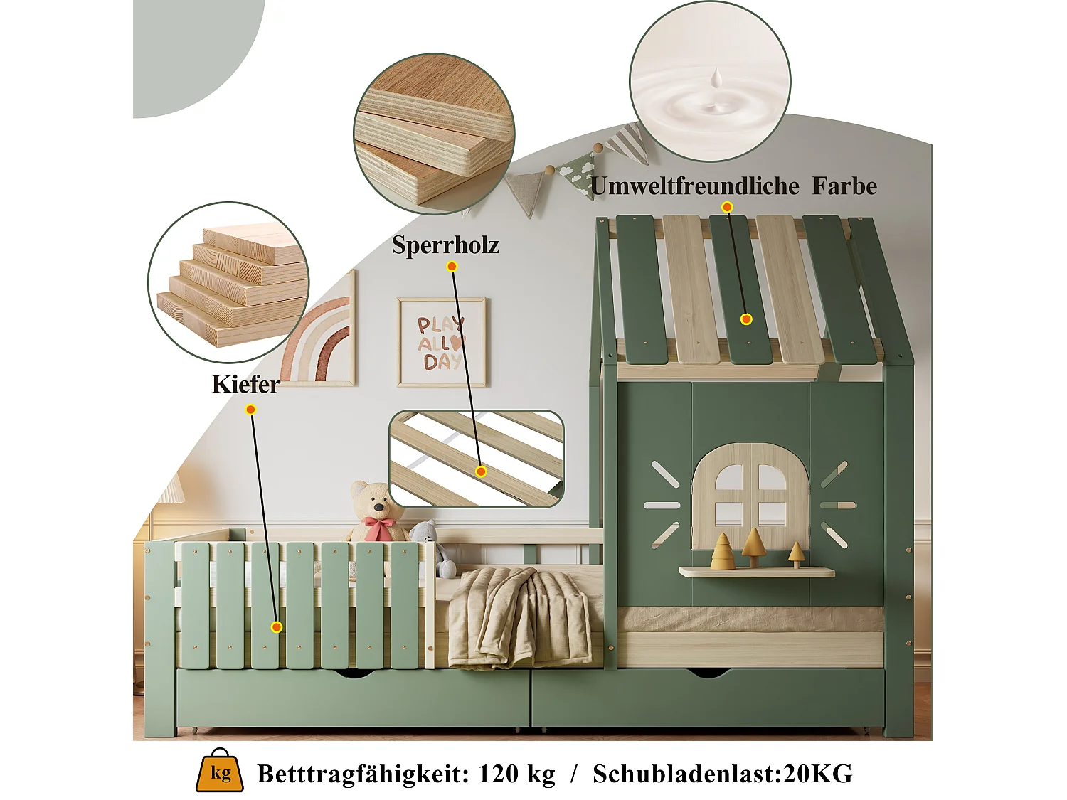 Cama infantil, cama casita con techo y ventanas, con cajones, madera + MDF, verde y natural, (204x95x152 cm)