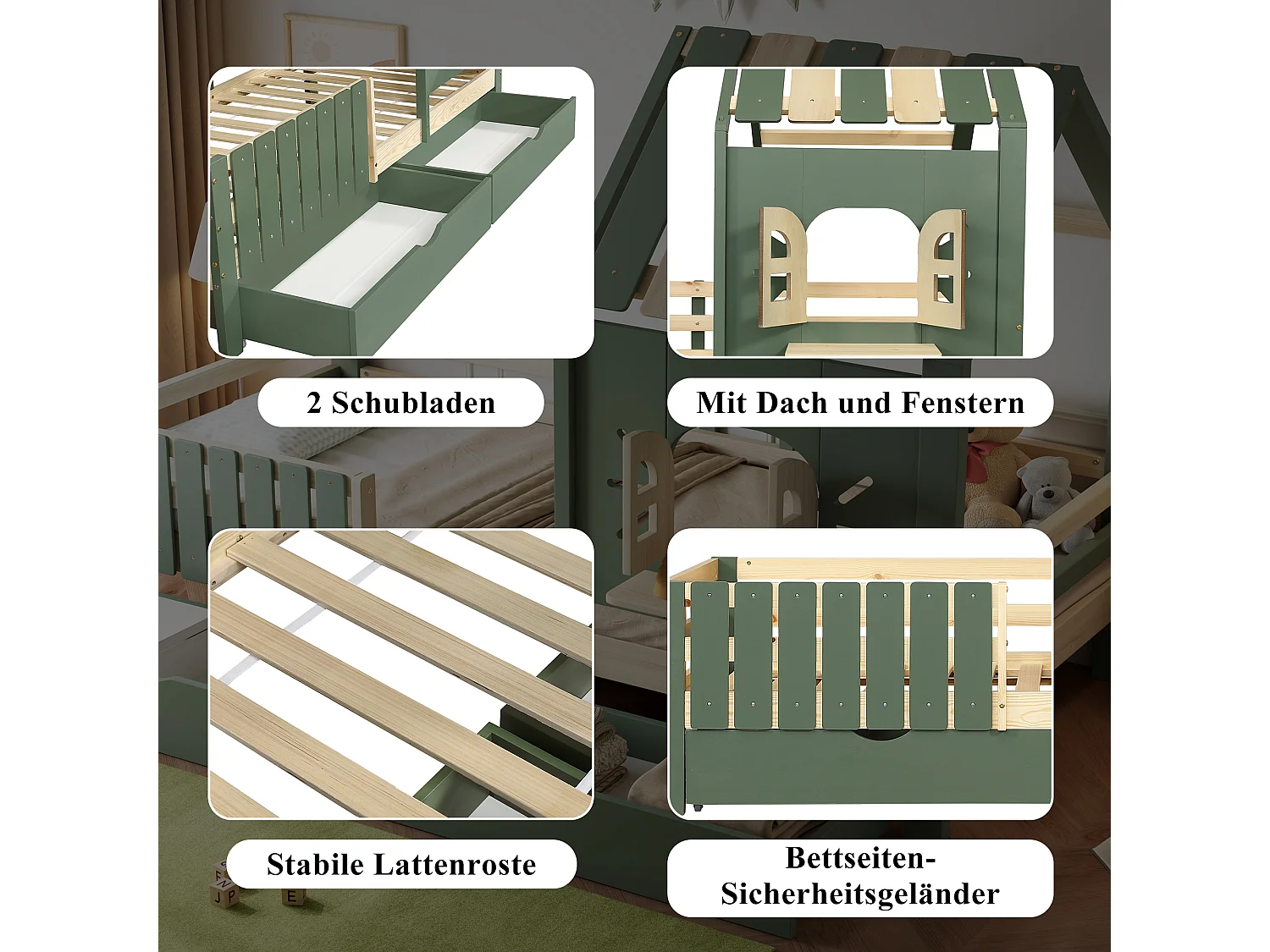 Cama infantil, cama casita con techo y ventanas, con cajones, madera + MDF, verde y natural, (204x95x152 cm)