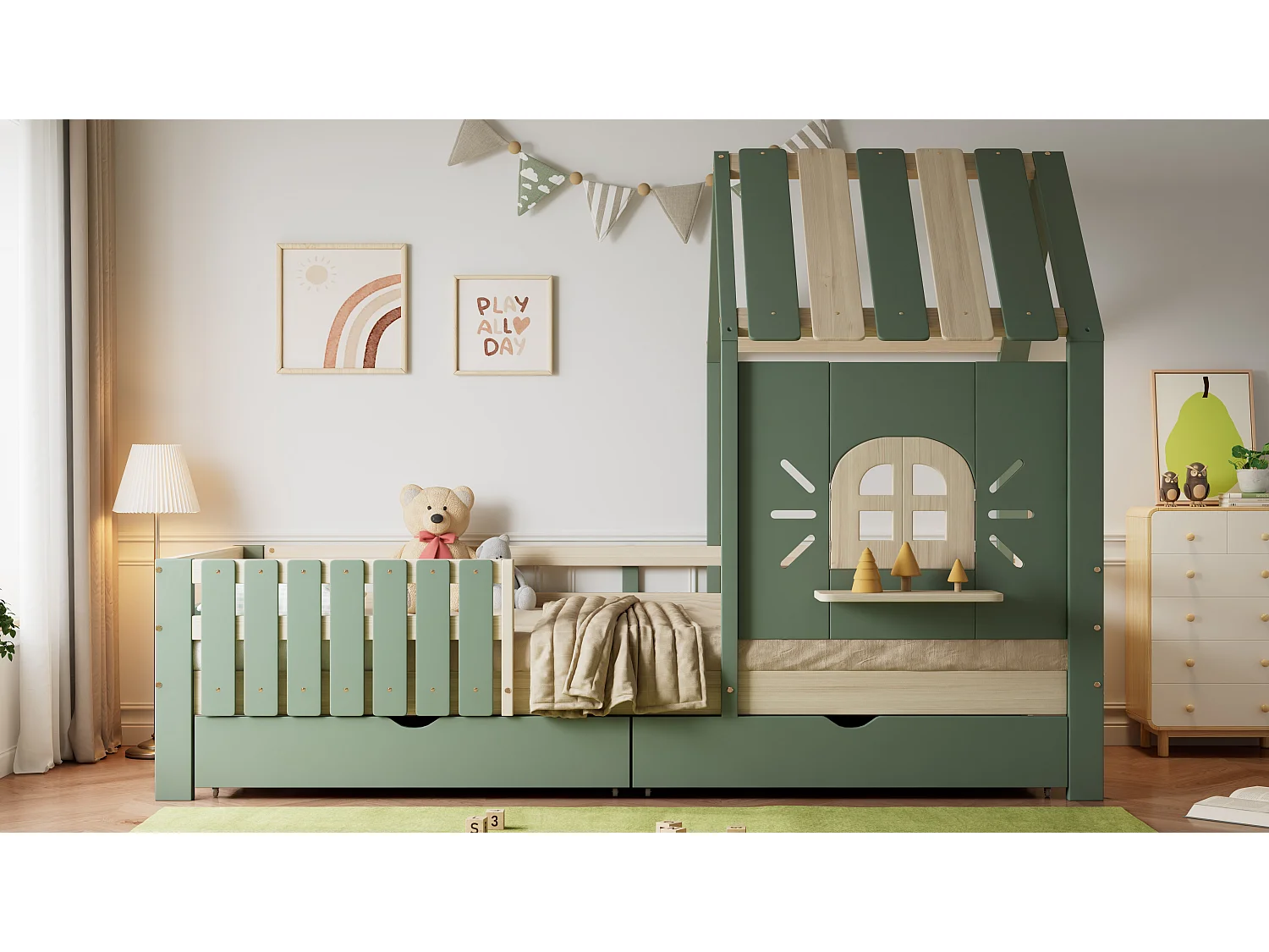 Cama infantil, cama casita con techo y ventanas, con cajones, madera + MDF, verde y natural, (204x95x152 cm)