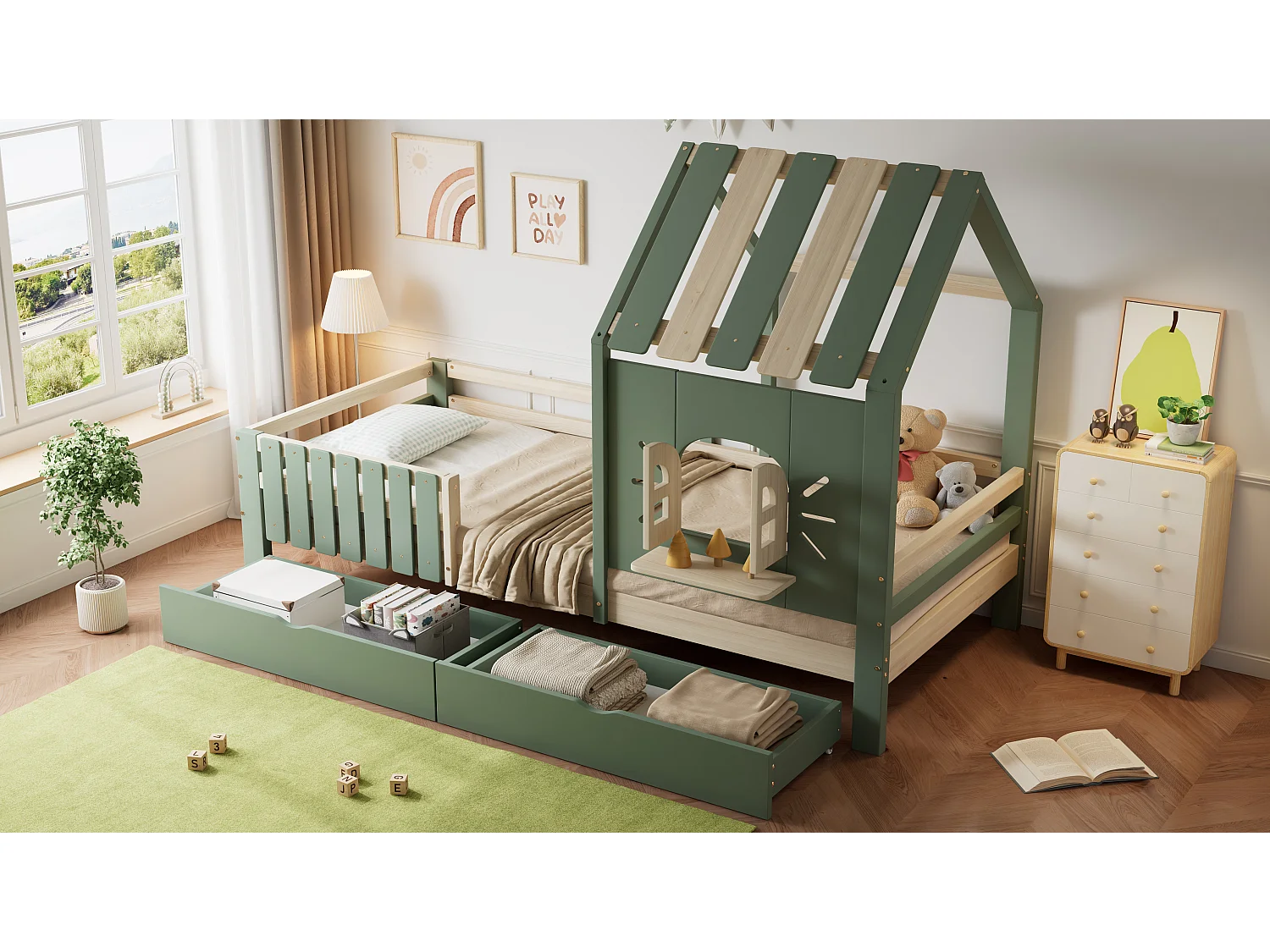 Cama infantil, cama casita con techo y ventanas, con cajones, madera + MDF, verde y natural, (204x95x152 cm)