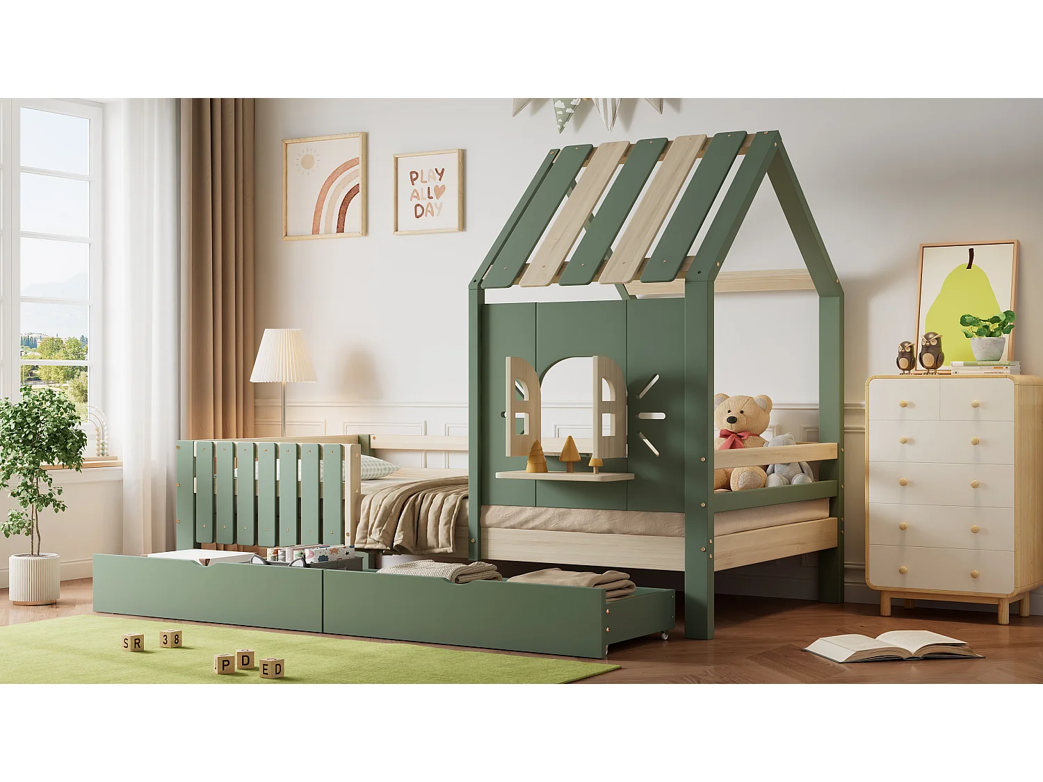 Cama infantil, cama casita con techo y ventanas, con cajones, madera + MDF, verde y natural, (204x95x152 cm)