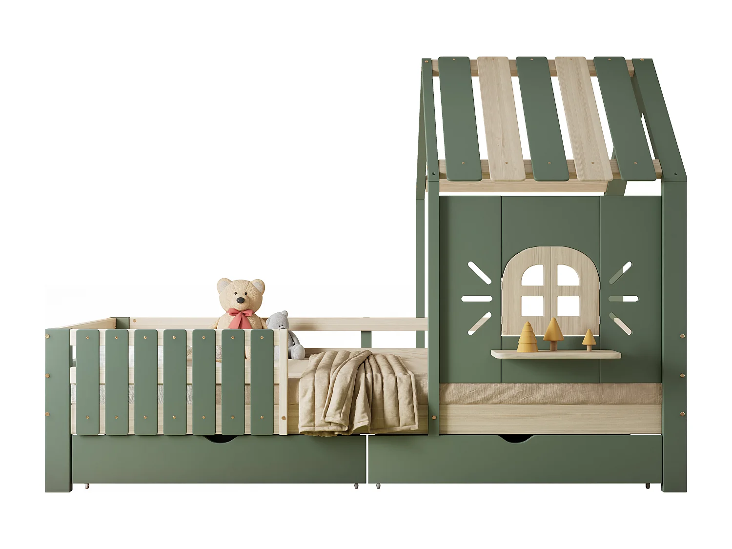 Cama infantil, cama casita con techo y ventanas, con cajones, madera + MDF, verde y natural, (204x95x152 cm)